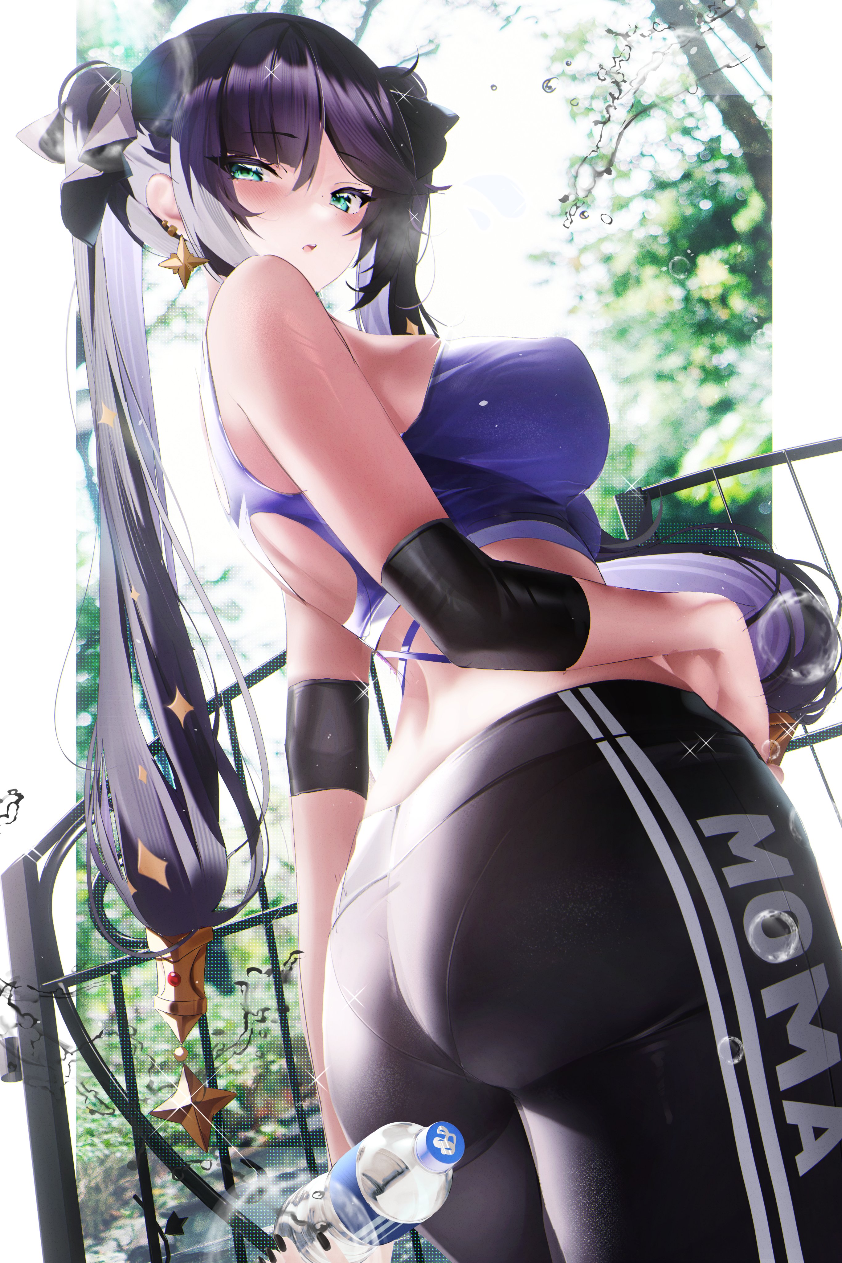 1girls, 2022, alternate version available, ass, back, back view, black hair, breasts, fantongjun, female, female only, genshin impact, green eyes, hips, huge ass, light skin, light-skinned female, long hair, low-angle view, mona (genshin impact), pantylines, slim waist, sports bra, sportswear, thick thighs, thighs, twintails, wide hips