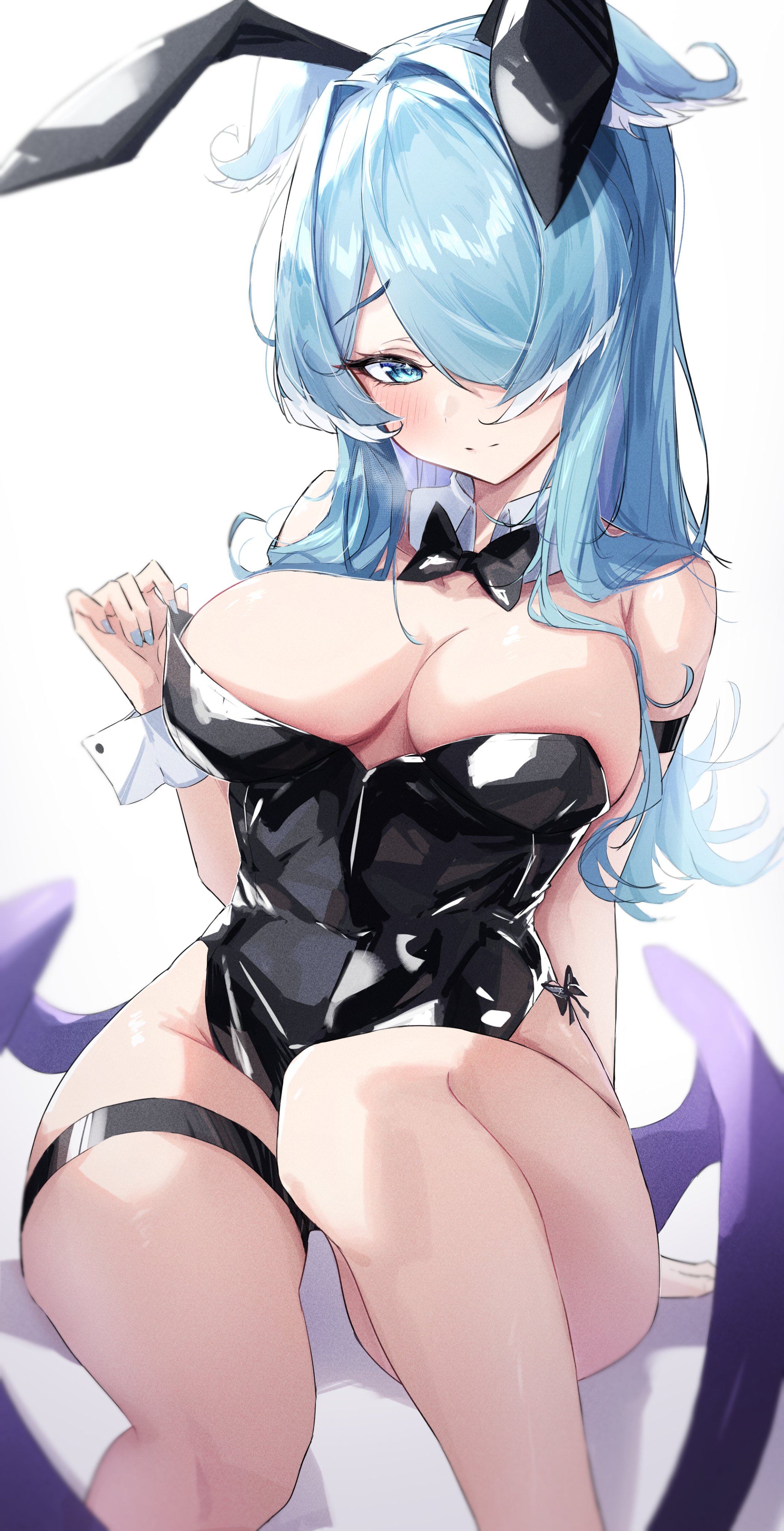 1girls, big breasts, blue eye, blue hair, blush, breasts, bunny ears, bunnysuit, cleavage, clothed, clothing, elira pendora, embarrassed, female, female only, hair over one eye, head wings, huge breasts, light skin, light-skinned female, nijisanji, nijisanji en, ruru nnnn, solo, thick thighs, virtual youtuber, wings