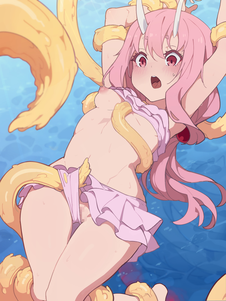 bound arms, breasts, breasts out, censored, female, frilled bikini, frills, horns, kakure eria, mosaic censoring, pink eyes, pink hair, ripped clothing, shuna (tensei shitara slime datta ken), swimsuit, tensei shitara slime datta ken, tentacle