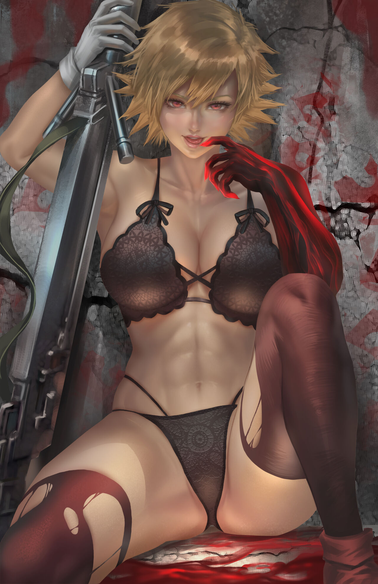 1girls abs blonde_hair breasts fangs hellsing hellsing_ultimate holding_weapon looking_at_viewer nopeys nude pussy red_eyes seras_victoria smile solo tomboy vampire