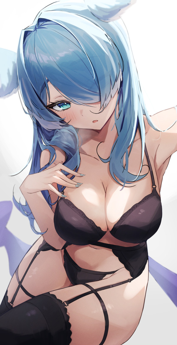 big_breasts black_panties blue_eyes blue_hair cleavage elira_pendora lingerie looking_at_viewer nijisanji nijisanji_en ruru_nnnn solo thick_thighs virtual_youtuber