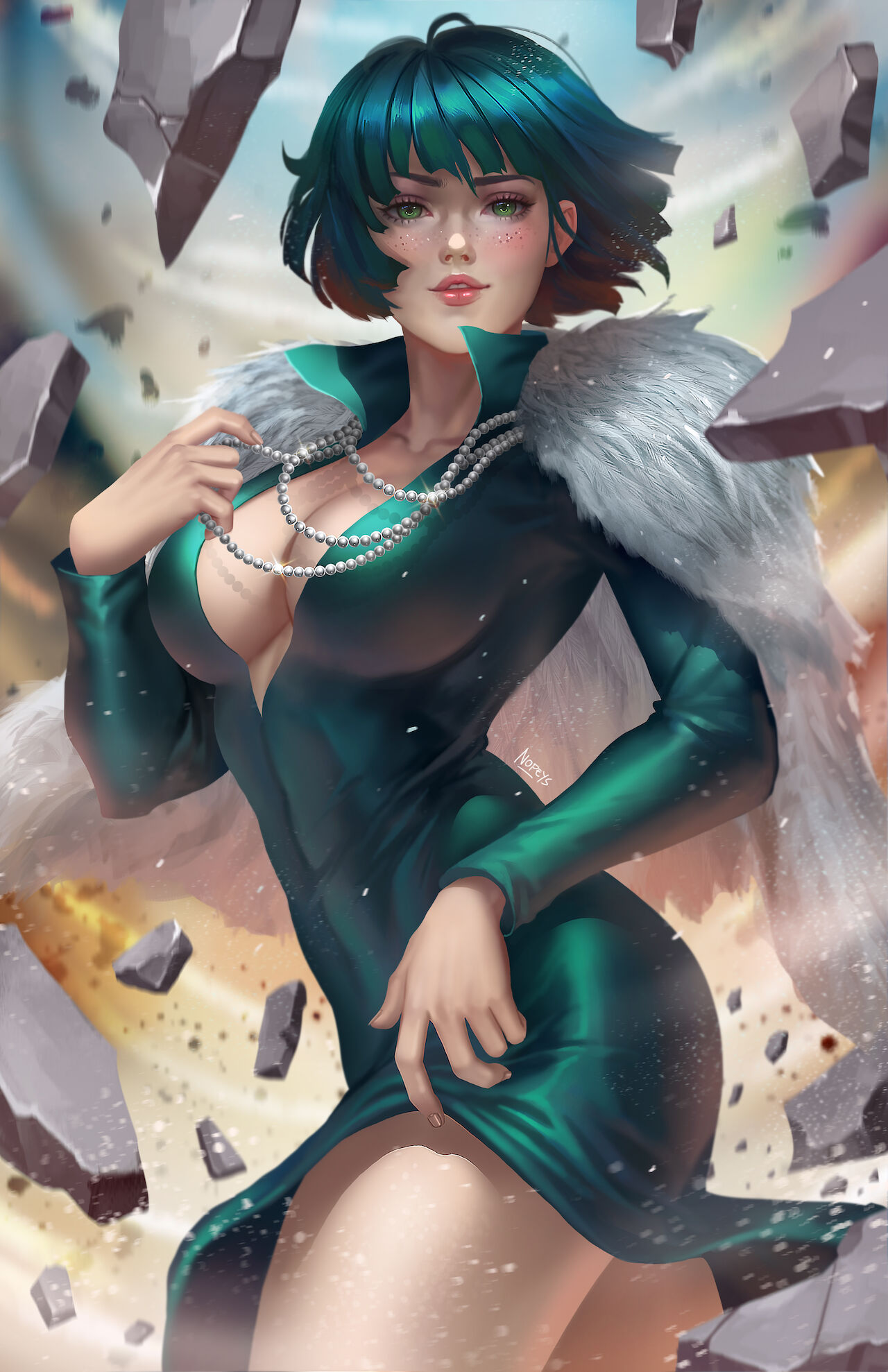 1girls big_breasts breasts breasts_out cleavage collared_dress dress eyelashes eyeliner eyeshadow female female_only freckles fubuki_(one-punch_man) green_eyes green_hair hi_res lipstick looking_at_viewer makeup medium_hair nail_polish necklace nipples nopeys one-punch_man rubble short_hair solo