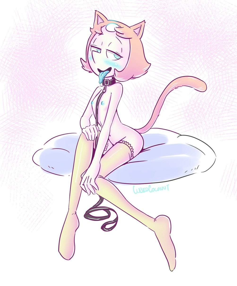 2019, 5 fingers, animal humanoid, blue eyes, blue nipples, blue tongue, blush, bodily fluids, cartoon network, cat humanoid, cat tail, clothing, collar, cubedcoconut, felid, felid humanoid, feline, feline humanoid, female, fingers, flat chested, humanoid, leash, legwear, mammal, mammal humanoid, mostly nude, nipples, nude, pearl (steven universe), saliva, solo, steven universe, thighhighs, tongue
