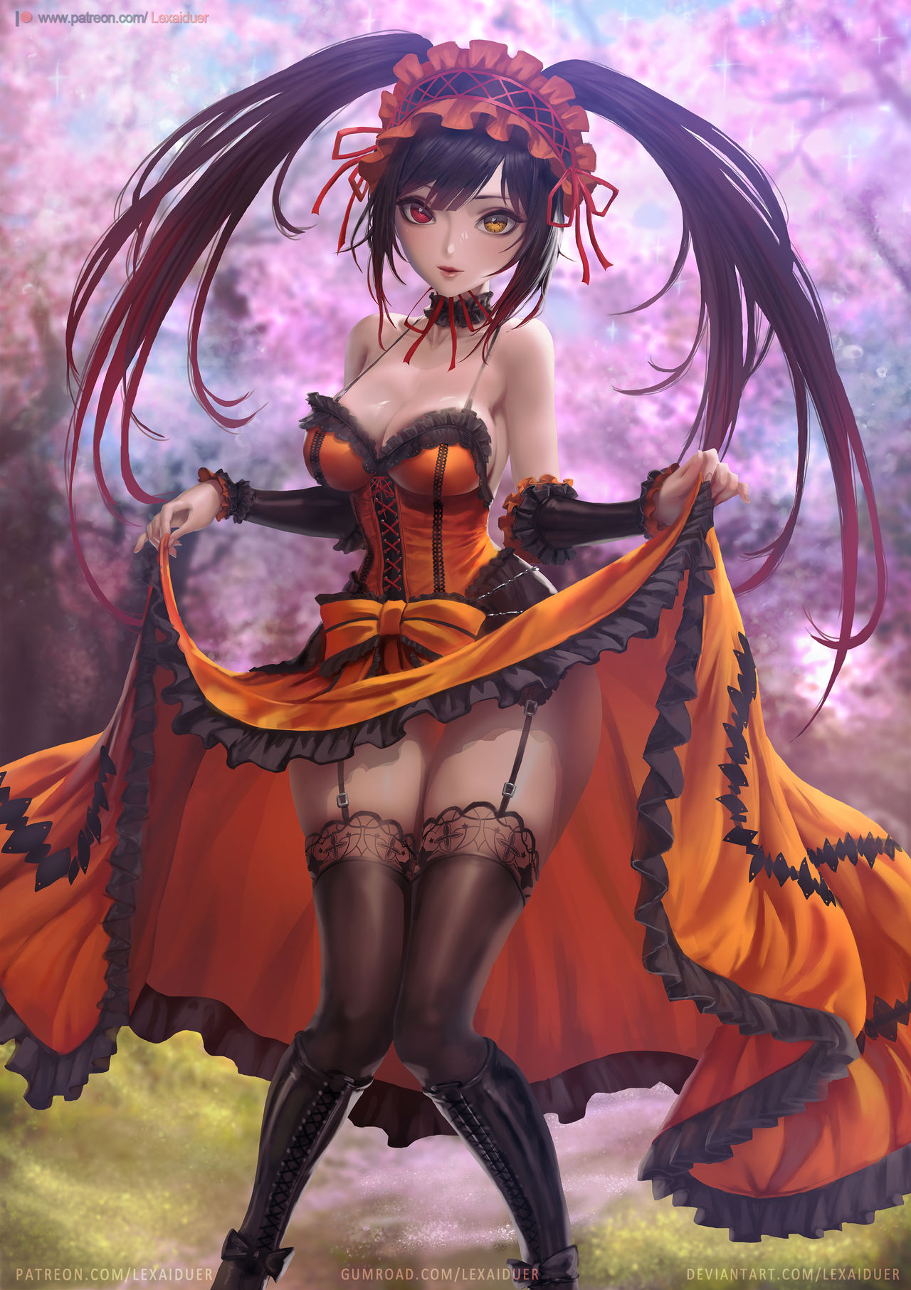 1girls, breasts, date a live, female, garter belt, gothic lolita, heterochromia, lexaiduer, lolita fashion, nipples, no bra, pussy, solo, tokisaki kurumi