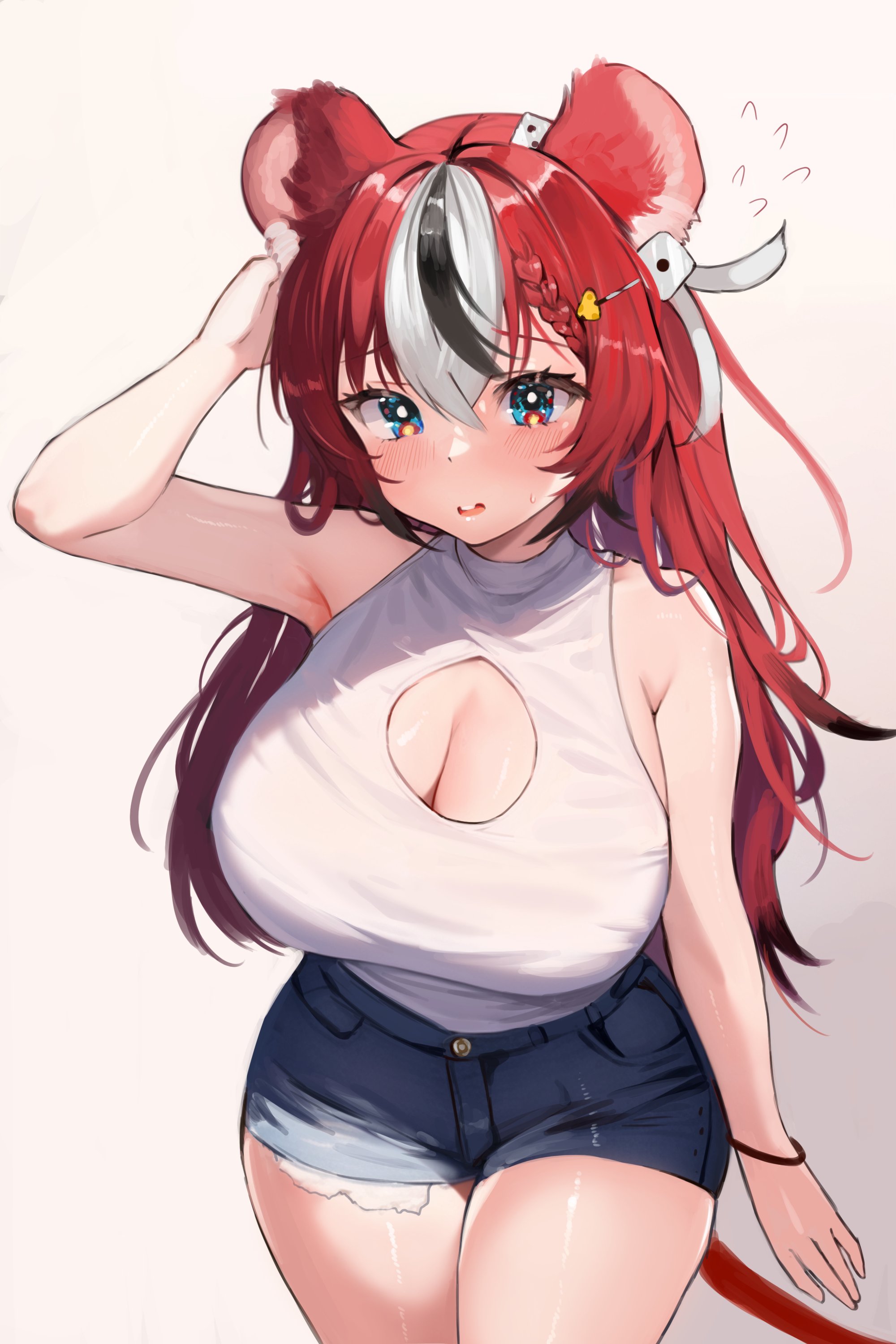 1girls, animal ears, boob window, breasts, busty, cleavage, female, female only, hakos baelz, hololive, hololive english, hololive english -council-, hololive english -promise-, huge breasts, light skin, light-skinned female, long hair, looking at viewer, red hair, solo, soradally, thick thighs, tight clothing, virtual youtuber, voluptuous, white background