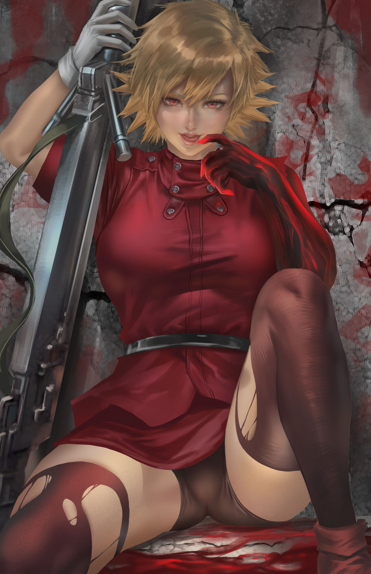 1girls blonde_hair breasts fangs hellsing hellsing_ultimate holding_weapon looking_at_viewer nopeys nude pussy red_eyes seras_victoria smile solo tomboy vampire