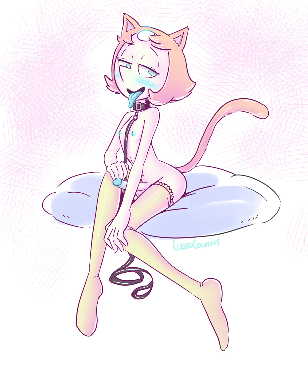 1futa, 2019, 5 fingers, animal humanoid, areolae, balls, big penis, blue eyes, blue nipples, blue tongue, blush, bodily fluids, breasts, cartoon network, cat ears, cat girl, cat humanoid, cat tail, catgirl, clothing, cubedcoconut, erect penis, erection, felid, felid humanoid, feline, feline humanoid, female, fingers, flat chested, futa only, futanari, humanoid, humanoid penis, intersex, leash, legwear, mammal, mammal humanoid, mostly nude, nipples, pearl (steven universe), penis, saliva, solo, steven universe, thighhighs, tongue, tongue out