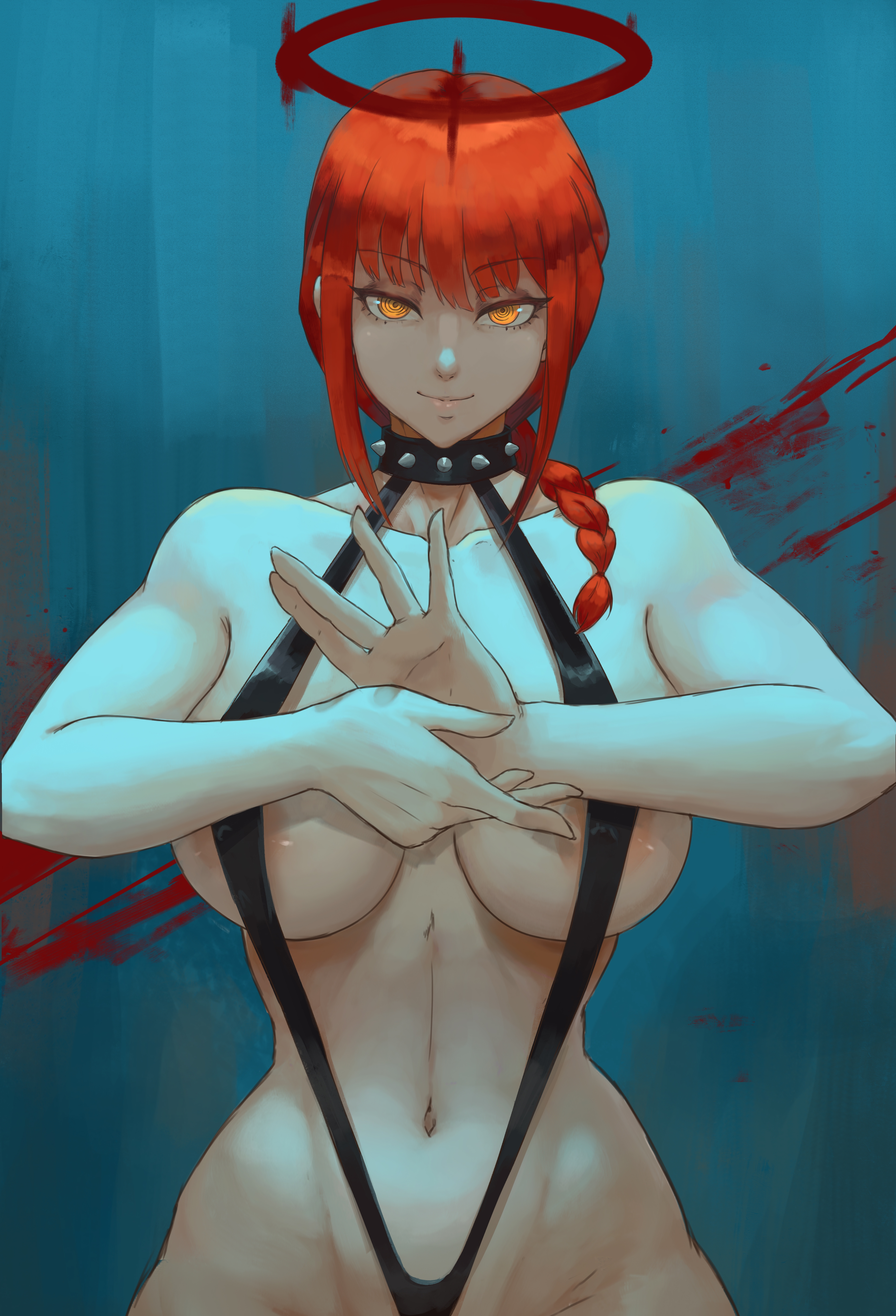 1girls, absurd res, alternate breast size, areolae, bare shoulders, big breasts, braid, braided hair, breasts, chainsaw man, choker, collar, collarbone, cutesexyrobutts (style), female, halo, large areolae, large breasts, lesottart, light skin, light-skinned female, long hair, looking at viewer, makima (chainsaw man), one-piece swimsuit, pale skin, pale-skinned female, posing, red hair, sling bikini, smile, spiked choker, spiked collar, swimsuit, yellow eyes