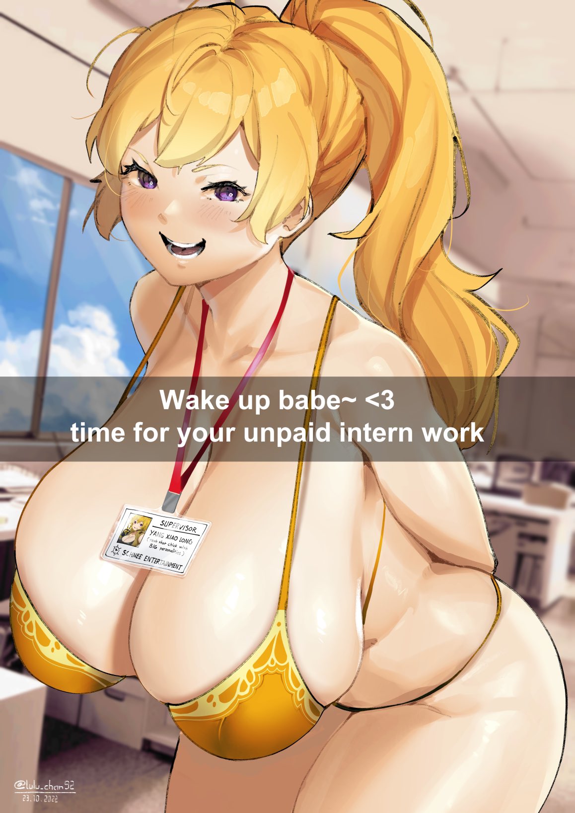1girls, artist signature, bikini, blonde female, blonde hair, breasts, caption, cleavage, clothed, clothing, curvy, english text, female, female only, gigantic breasts, hanging breasts, hips, human, id card, indoors, lanyard, leaning forward, light skin, light-skinned female, long hair, lulu-chan92, mostly nude, name tag, neckwear, office, overflowing breasts, pale skin, ponytail, public, purple eyes, rwby, smile, snapchat, solo female, text, thick thighs, thighs, voluptuous, wide hips, yang xiao long, yellow bikini