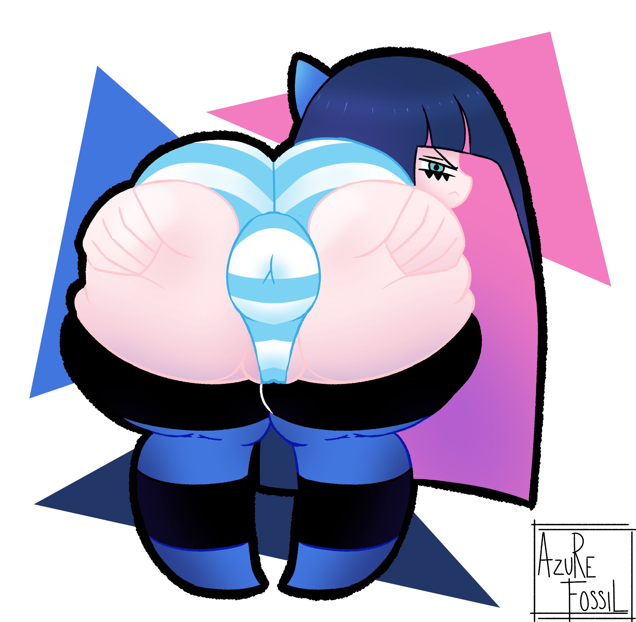 1girls, annoyed, anus outline, ass, ass dough, ass focus, ass grab, azure fossil, back view, big ass, big butt, bubble butt, donut anus, fat ass, female, hand on ass, hands on ass, legwear, long hair, looking at viewer, looking back, panties, panty & stocking with garterbelt, presenting, presenting anus, presenting hindquarters, pussy, shimapan, solo, squint, stocking anarchy, striped legwear, striped panties, stripes, thick thighs, thighhighs, thighs