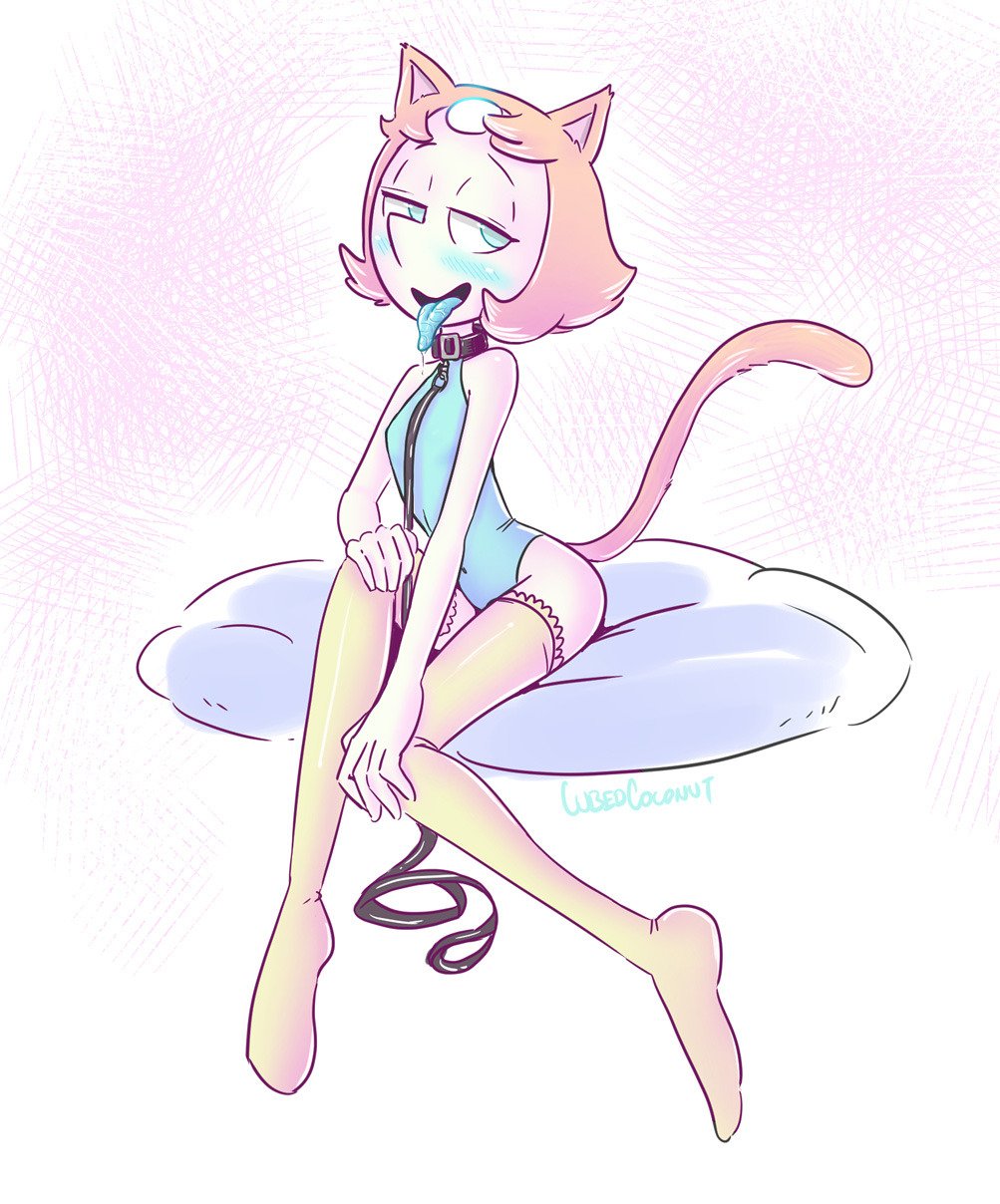 2019, 5 fingers, animal humanoid, blue eyes, blue tongue, blush, bodily fluids, cartoon network, cat humanoid, cat tail, clothed, clothing, cubedcoconut, felid, felid humanoid, feline, feline humanoid, female, femsub, fingers, humanoid, leash, legwear, mammal, mammal humanoid, pearl (steven universe), saliva, solo, steven universe, tongue