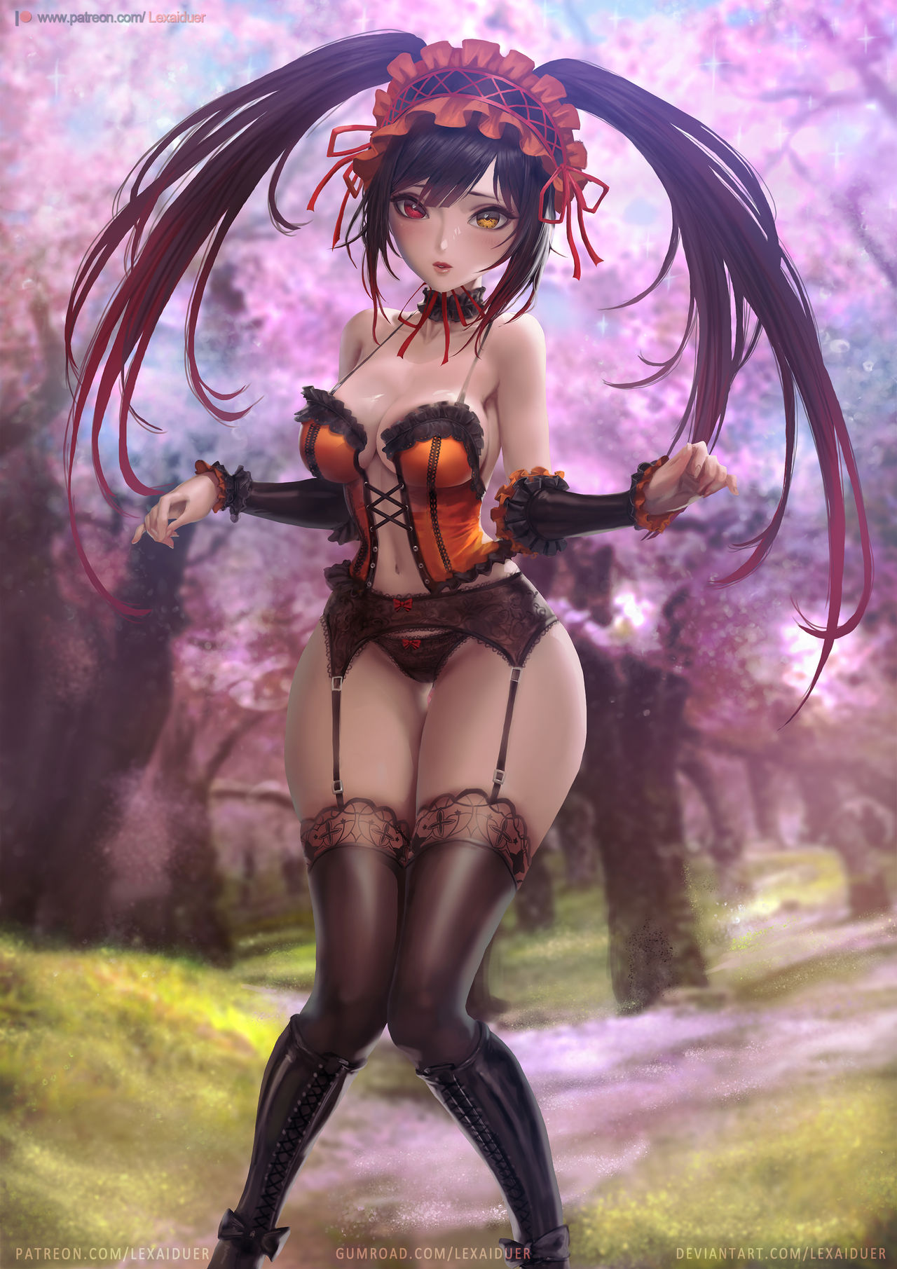 1girls, breasts, date a live, female, garter belt, gothic lolita, heterochromia, lexaiduer, lolita fashion, nipples, no bra, pussy, solo, tokisaki kurumi