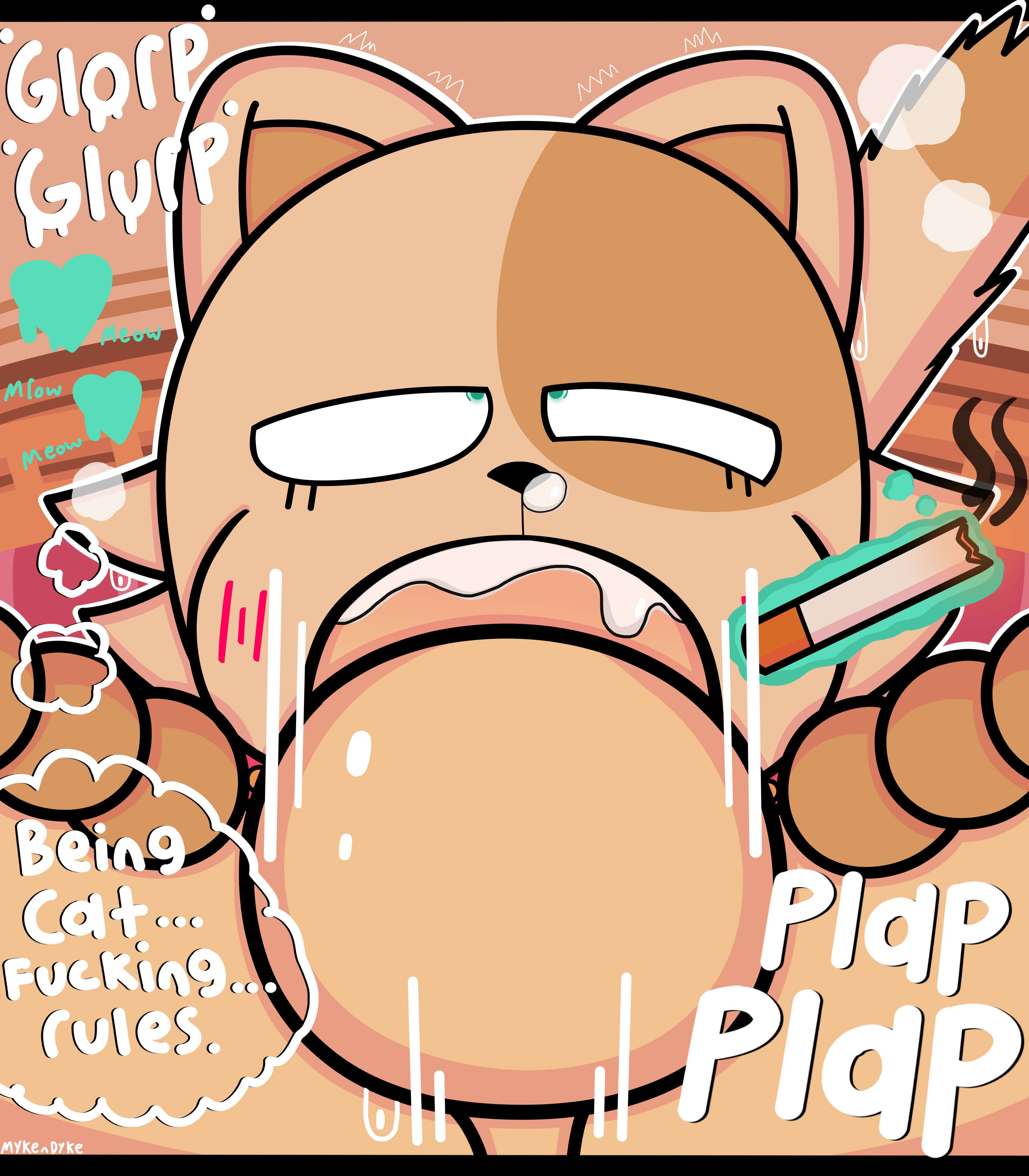 absurd res, balls, blush, bodily fluids, bubble, cheesepuff (mykendyke), cigarette, cum, cum bubble, cum from nose, cum in mouth, cum in nose, cum inside, cum on penis, dipstick tail, domestic cat, duo, ellipsis, english text, felid, feline, felis, fellatio, female, feral, genital fluids, genitals, green eyes, heart, hi res, human, human on feral, interspecies, male, male/female, mammal, markings, mykendyke, onomatopoeia, oral, penile, penis, profanity, sex, sound effects, tail markings, tan body, telekinesis, text