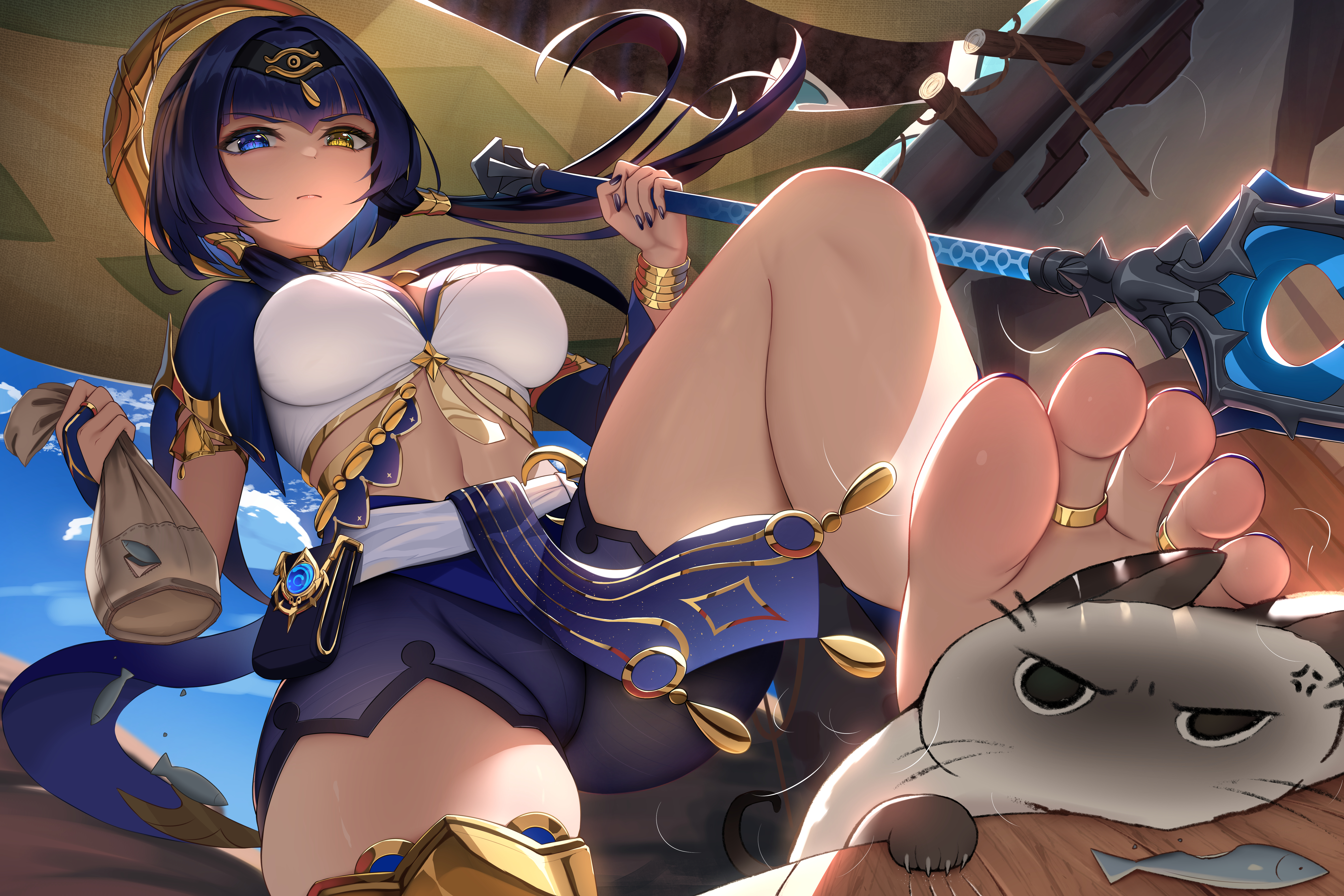 1girls, absurdres, breasts, brown skin, candace (genshin impact), damao yu, feet, female, foot fetish, genshin impact, greek toe, hi res, large breasts, long hair, long legs, low-angle view, outdoors, purple eyes, purple hair, yellow eyes