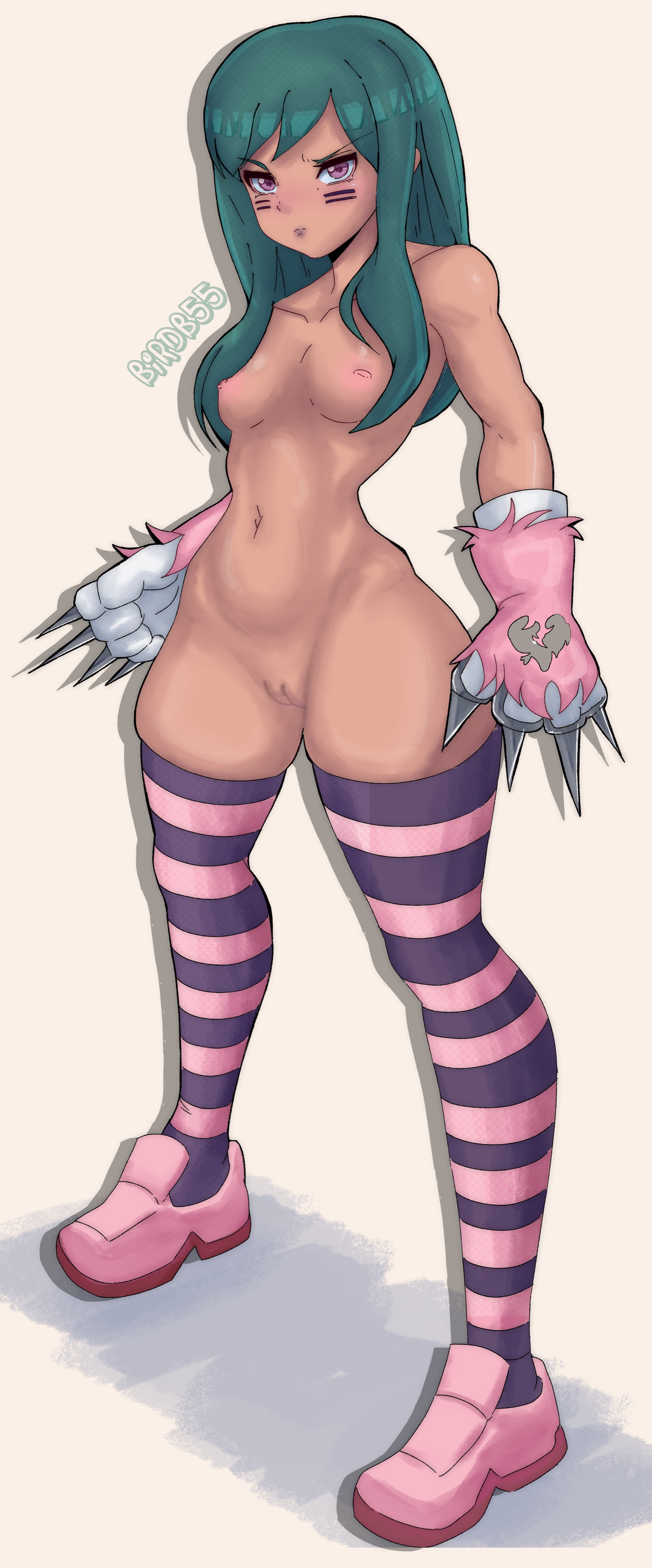 1girls, angry, birdb55, blue hair, breasts, claws, cyan hair, exposed breasts, exposed pussy, female, female only, fortnite, fortnite: battle royale, gloves, long socks, looking at viewer, mostly nude, petite, petite body, pink, pink eyes, purple, pussy, small breasts, solo, solo female, syd (fortnite)