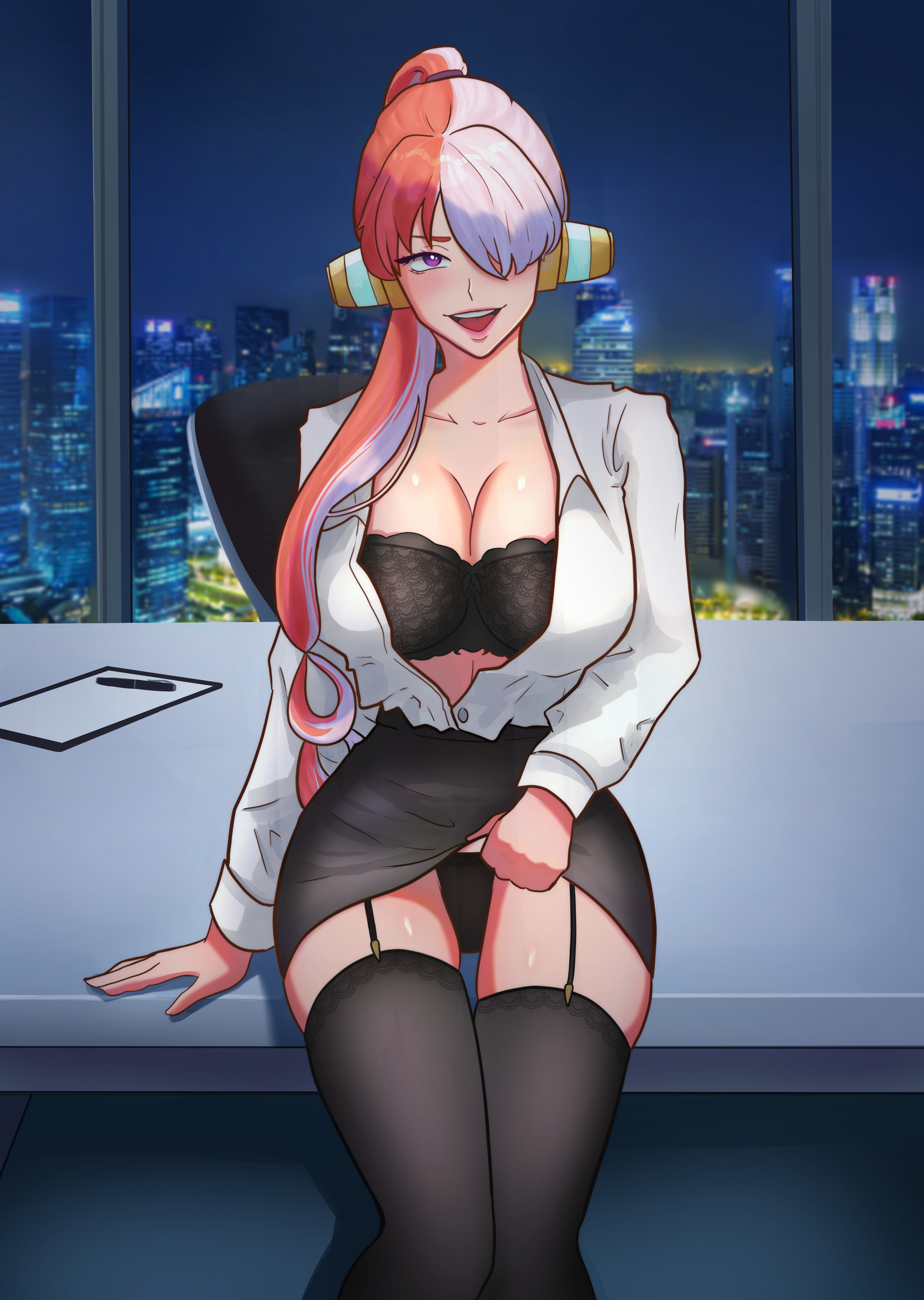 1girls, big breasts, breasts, female, female only, lingerie, naviloser, office lady, one piece, one piece film red, red hair, red-haired female, solo, two-tone hair, uta (one piece), white hair, white-haired female