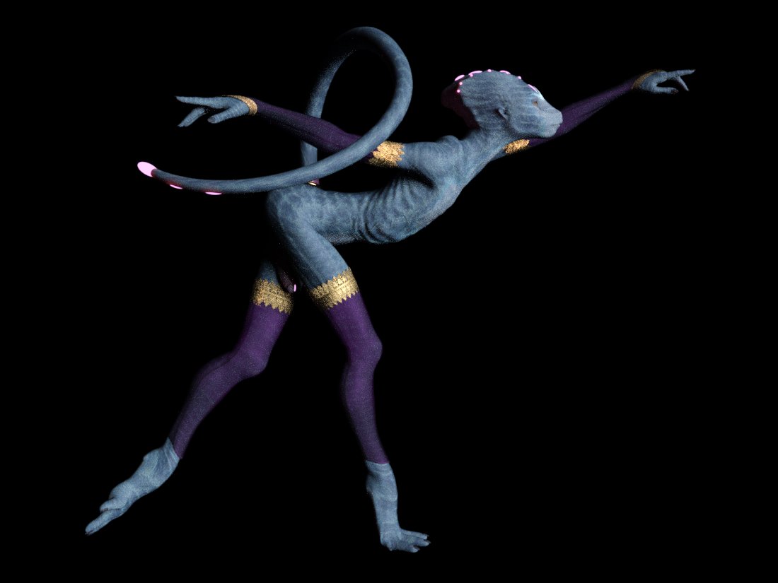 2022 3d_(artwork) alien armwear ass athletic athletic_male black_background blue_body blue_skin clothing dancing digital_media_(artwork) elbow_gloves erection genitals gesture gloves glowing glowing_spots handwear humanoid humanoid_genitalia leaning leaning_forward leggings legwear looking_aside looking_away male mouth_closed namin_heklhe_(ugnaughtsden) not_furry nude penis pink_spots pointing purple_clothing purple_gloves purple_handwear purple_leggings purple_legwear ribs simple_background solo spots stripes ugnaughtsden yellow_eyes