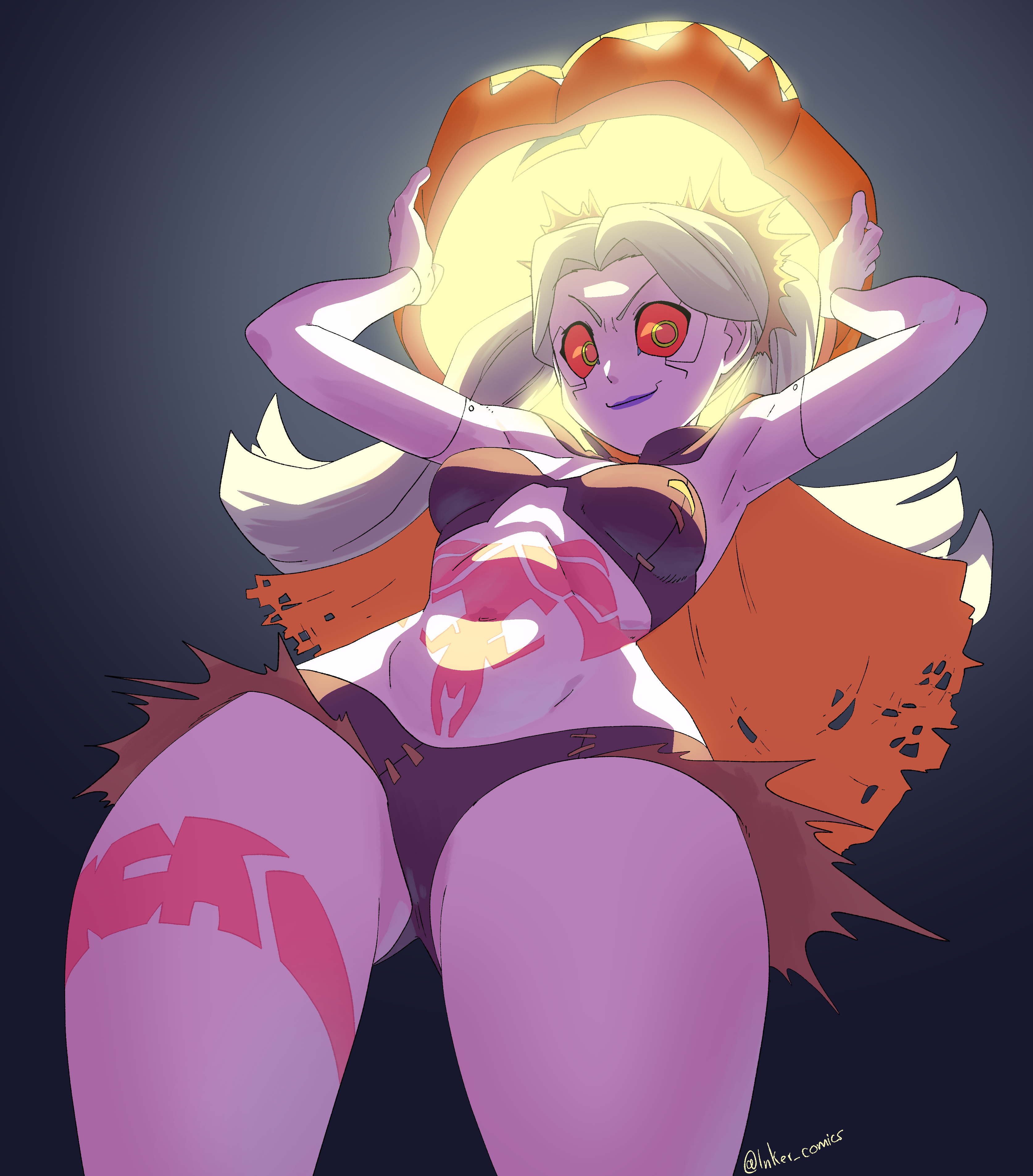 1girls, 2d, coolerinker, cybernetics, cyberpunk 2077, cyberpunk: edgerunners, female, green hair, halloween, halloween costume, inker comics, inkershike, long hair, no artist signature, no source, rebecca (edgerunners), red sclera, small nose, solo, thighs, thin eyebrows, very small nose, yellow eyes