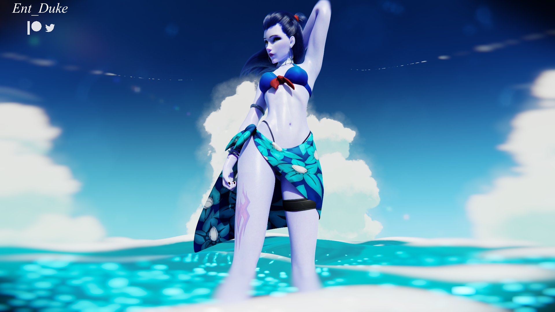1girls, 3d, arms up, ass, beach, bikini, bikini top, blender, blizzard entertainment, blue bikini, clothed, clothing, cote d'azur widowmaker, dark blue hair, ear piercing, earrings, ent duke, eyes closed, female, female focus, female only, front view, ocean, overwatch, pinup, pose, posing, presenting, purple body, purple skin, solo, standing, tagme, water, watermark, widowmaker