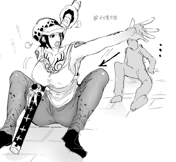 1boy, 1girls, black and white, breasts, canon genderswap, cleavage, female, female focus, genderswap, genderswap (mtf), lawtakusan, legs apart, looking at ass, looking at butt, male, monochrome, nipple bulge, one piece, pointing, rule 63, shiku shiku no mi, shounen jump, sideboob, sitting, sword, tattoo, trafalgar law, trafalgar law (female)