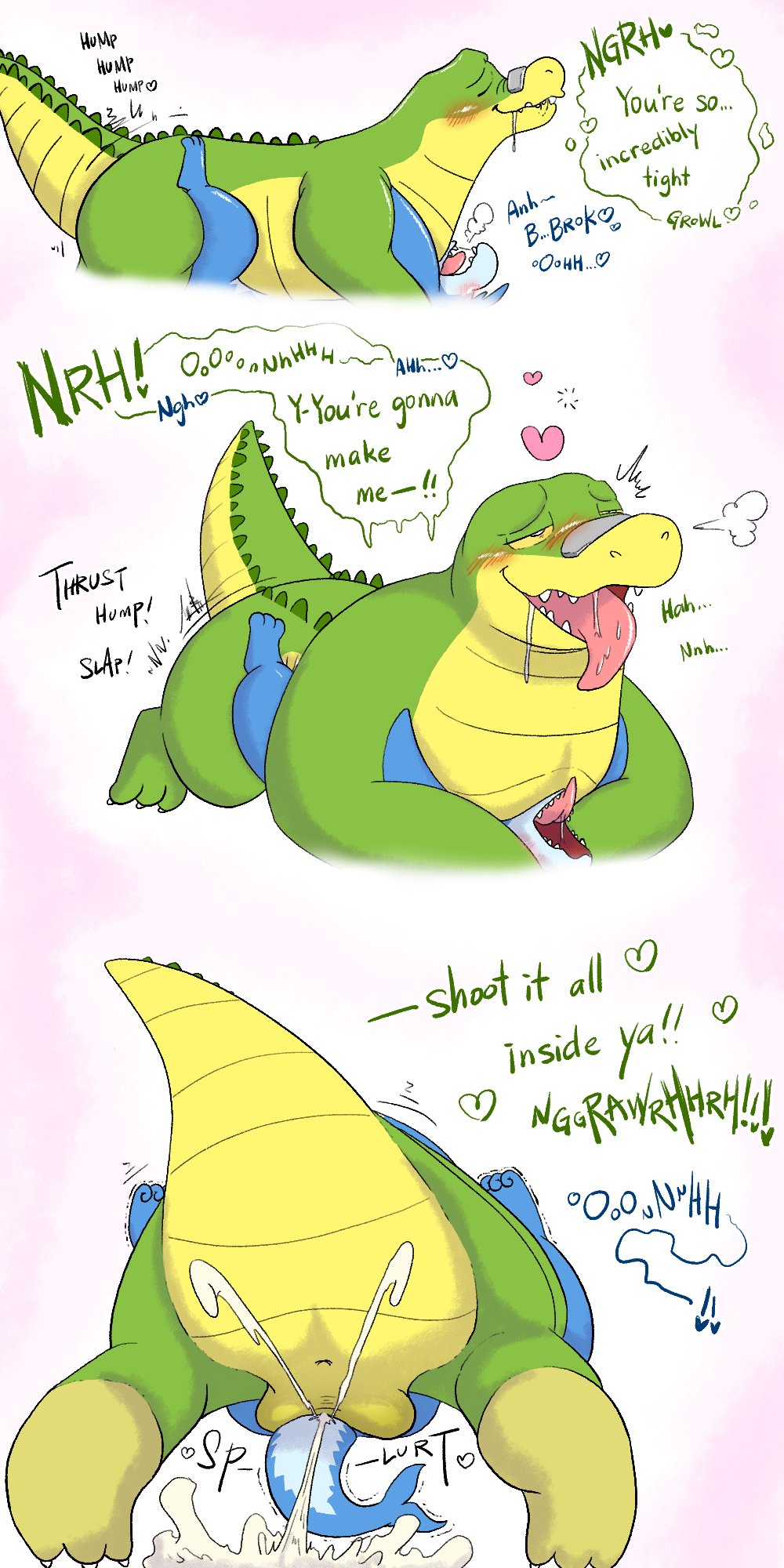 2022 alligator alligatorid anus ass balls blue_body blush bodily_fluids brok_(brok_the_investigator) brok_the_investigator comic crocodilian cum drooling duo english_text genital_fluids genitals green_body heart hi_res male nakadashimashta reptile saliva scalie sex slightly_chubby text tongue tongue_out video_games