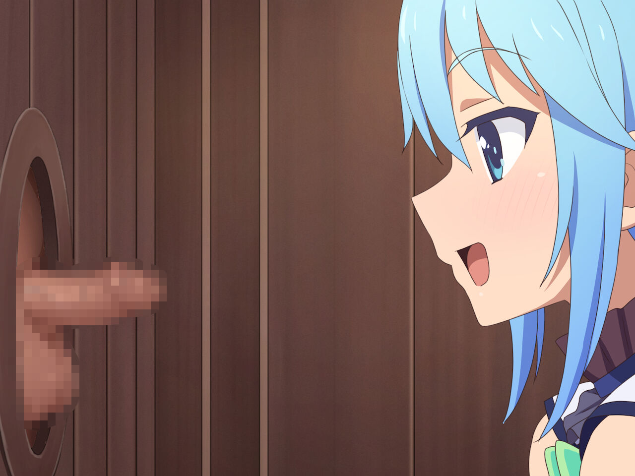 1boy, 1girls, anime nose, aqua (konosuba), balls, ballsack, blue eyes, blue hair, censored, confession booth, erection, female, female focus, glory hole, human, kono subarashii sekai ni shukufuku wo!, male, micropenis, mosaic censoring, partial male, penis, scrotum, shaved crotch, small penis, small penis adoration, straight, tedain, testicles