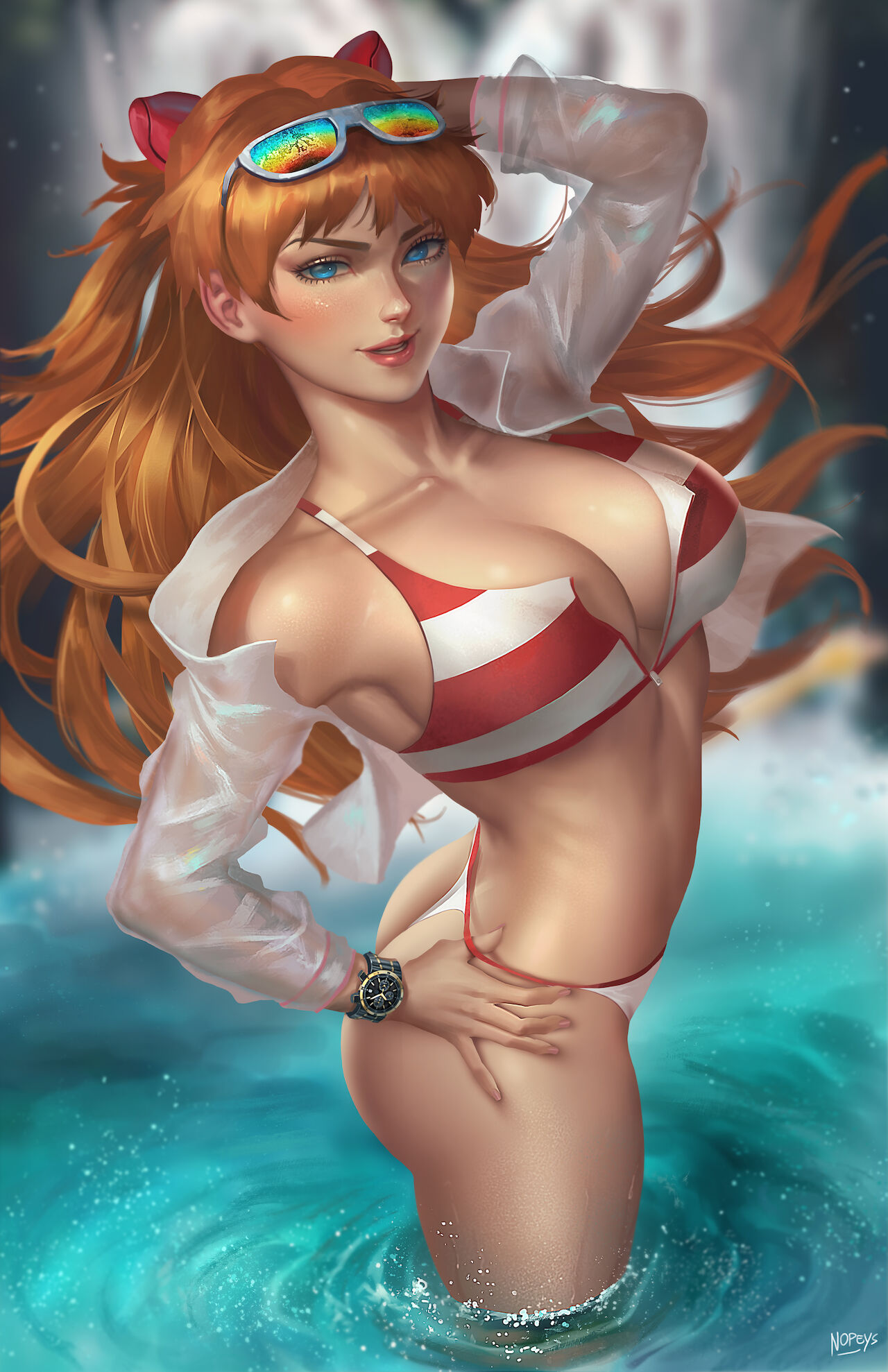 1girls, asuka langley sohryu, blue eyes, boobs and butt pose, breasts, breasts bigger than head, clothing, female, female only, glasses, hair ornament, large breasts, long hair, neon genesis evangelion, nipples, nopeys, nude, orange hair, pussy, solo, striped swimsuit, swimsuit