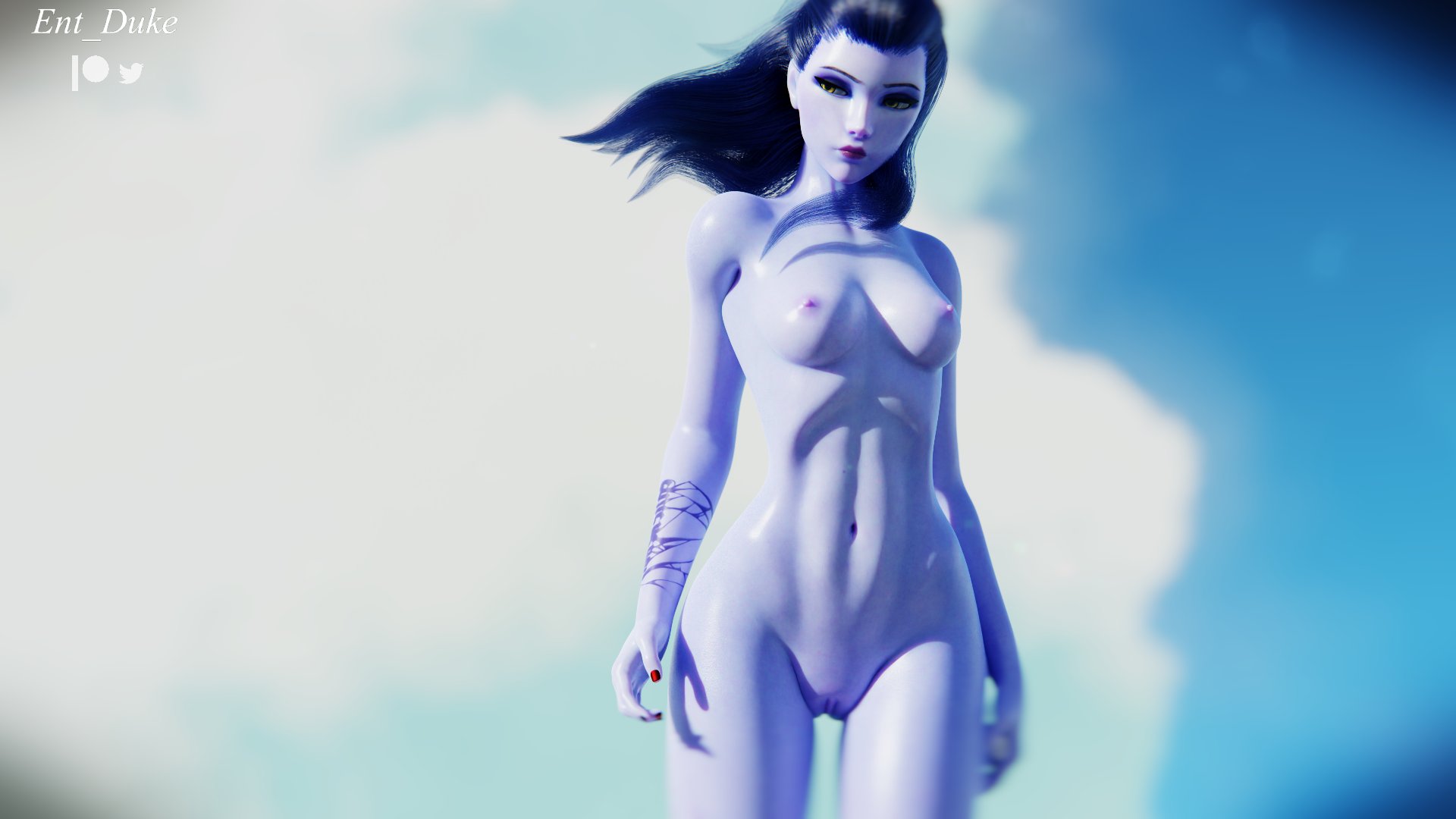1girls, 3d, areolae, arms up, beach, blizzard entertainment, breasts, casual, cote d'azur widowmaker, dark blue hair, ent duke, exposed breasts, eyes closed, female, female focus, female only, human, long hair, medium breasts, nipples, no panties, nonsexual, nonsexual nudity, nude, nude female, nudist, overwatch, pinup, pose, posing, presenting, purple body, purple skin, pussy, shirt lift, solo, standing, tattoo, vagina, widowmaker