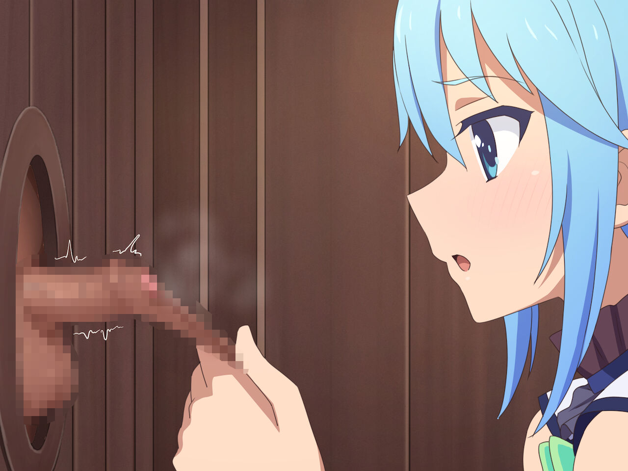 1boy 1girls aqua_(konosuba) censored confession_booth foreskin glory_hole kono_subarashii_sekai_ni_shukufuku_wo! penis pulling_foreskin small_penis smelly_cock tedain twitching