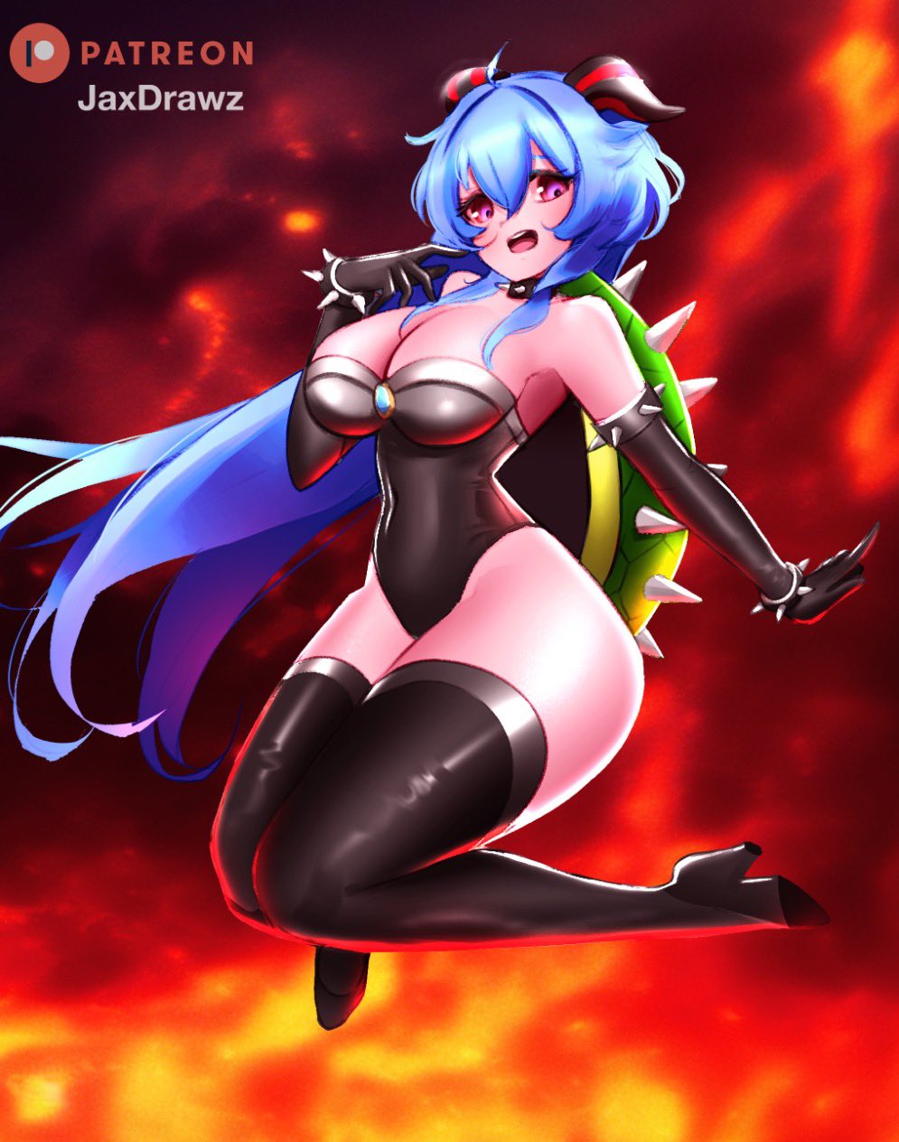 1girls blue_hair bowsette_(cosplay) breasts female ganyu_(genshin_impact) genshin_impact heel_boots heels horn horns jaxartdump mario_(series) new_super_mario_bros._u_deluxe shell spiked_bracelet spiked_collar spiked_shell thick_thighs thighs