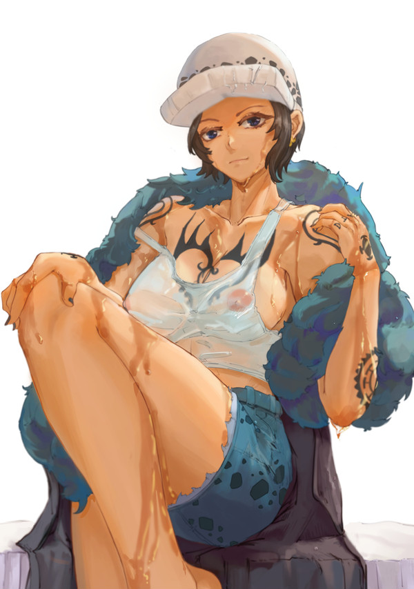 1girls, areolae, arm tattoo, black hair, boobs, breast tattoo, breasts, breasts visible through clothing, canon genderswap, chest, chest tattoo, color, dark hair, female, female only, genderswap, genderswap (mtf), hat, highres, nipples, one piece, pink areolae, rule 63, see-through, see-through clothing, see-through shirt, shiku shiku no mi, shorts, shounen jump, sitting, solo, solo female, solo focus, tattoo, trafalgar law, trafalgar law (female), wet, wet clothes, wet shirt