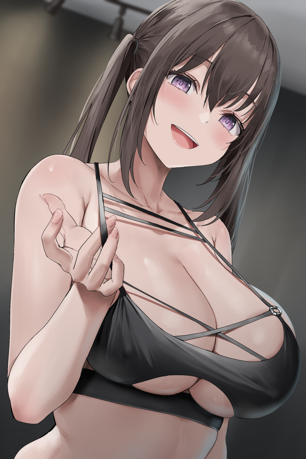 1girls, barely contained, blush, breasts, brown hair, cleavage, female, huge breasts, light skin, light-skinned female, long hair, looking at viewer, oc, oekakizuki, original, original character, revealing clothes, smile, twintails