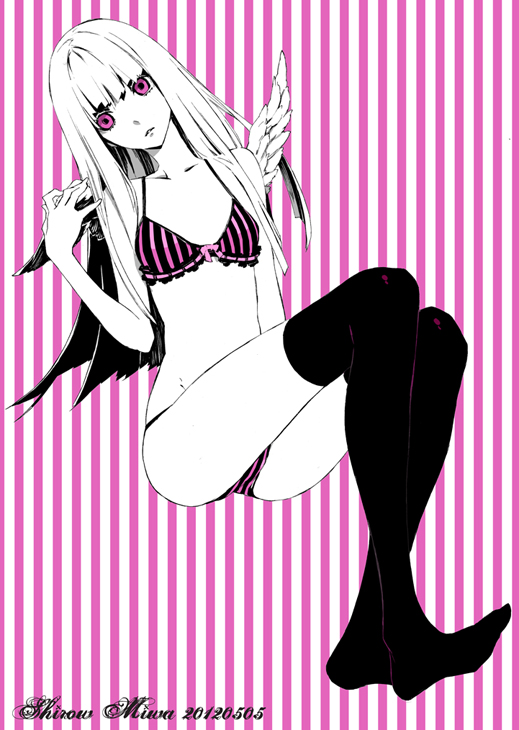 2012 bangs black_legwear black_socks blunt_bangs bra clothing dogs:_bullets_&_carnage female fringe legwear lingerie long_hair lowres mini_wings miwa_shirou nill_(dogs) no_shoes pantsu partially_colored pink_eyes socks solo striped striped_bra striped_panties striped_underwear thigh_socks thighhighs underwear underwear_only vertical-striped_bra vertical-striped_panties vertical-striped_underwear vertical_stripes white_hair wings