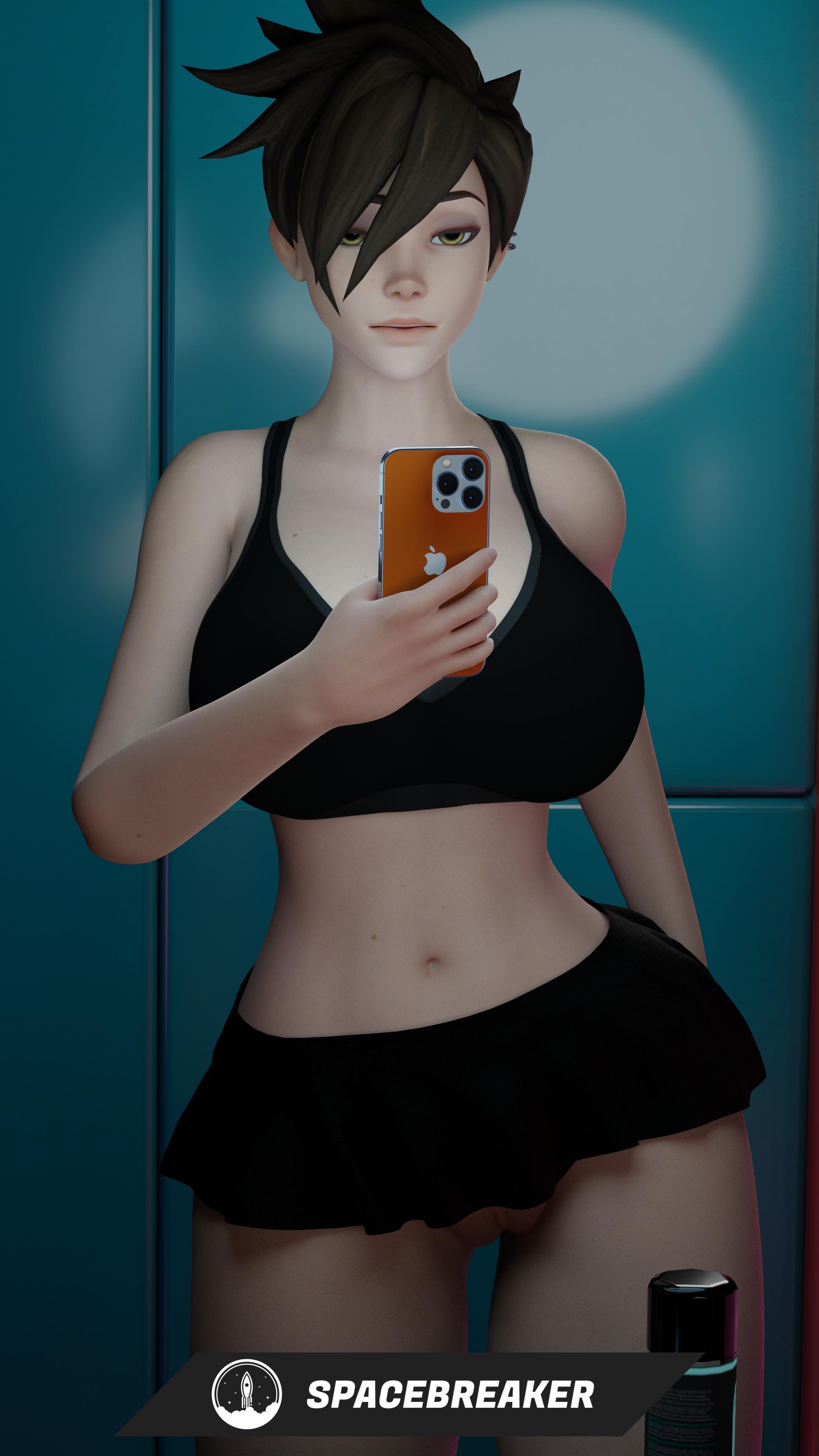 1girls, 3d, blizzard entertainment, clothed, curvy, female, iphone, miniskirt, mirror, mirror selfie, overwatch, phone, selfie, spacebreaker, tracer