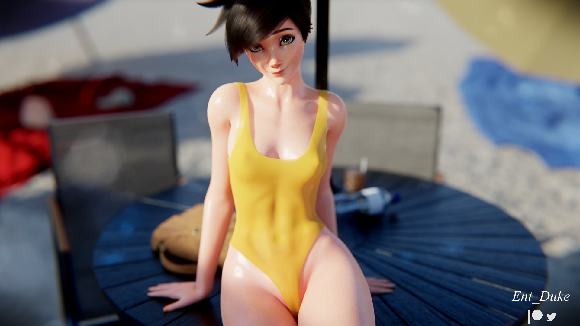 1girls, 3d, beach, beach umbrella, blender, blizzard entertainment, brunette, cameltoe, ent duke, female, female focus, female only, lena oxton, light skin, light-skinned female, looking at viewer, one-piece swimsuit, overwatch, pussy, skin tight, solo, swimsuit, tagme, tracer, watermark