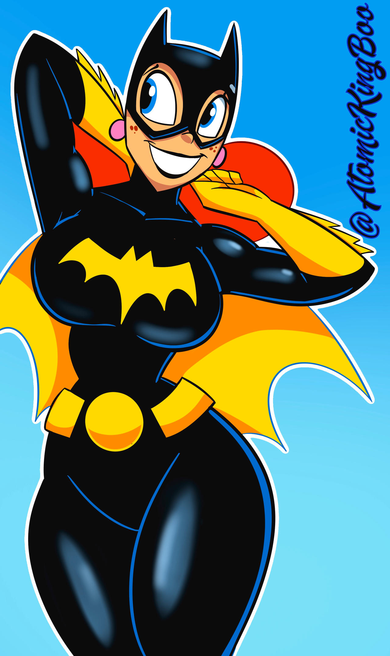 1girls, artist name, atomickingboo, batgirl, batgirl (cosplay), batman (series), big breasts, breasts, busty, cosplay, costume, crossover, curvaceous, curvy, curvy figure, dc, dc comics, digital drawing (artwork), digital media (artwork), eyebrows, eyelashes, eyes, female, female only, freckles, ginger, ginger hair, hair, halloween, halloween costume, hips, hourglass figure, huge breasts, large breasts, light skin, light-skinned female, lips, long hair, nerd, nerdy female, oc, original, original character, red hair, terra mandrile, the besties (atomickingboo), thick, thick legs, thick thighs, voluptuous, watermark, wide hips
