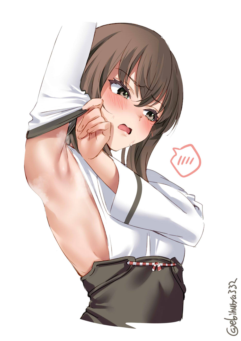 1girls armpit_fetish armpits breasts brown_eyes brown_hair detached_sleeves ebifurya embarrassed female female_only highres japanese_clothes kantai_collection no_headgear one-hour_drawing_challenge open_mouth presenting_armpit short_hair sideboob simple_background small_breasts solo steaming_body taihou_(kantai_collection) twitter_username white_background