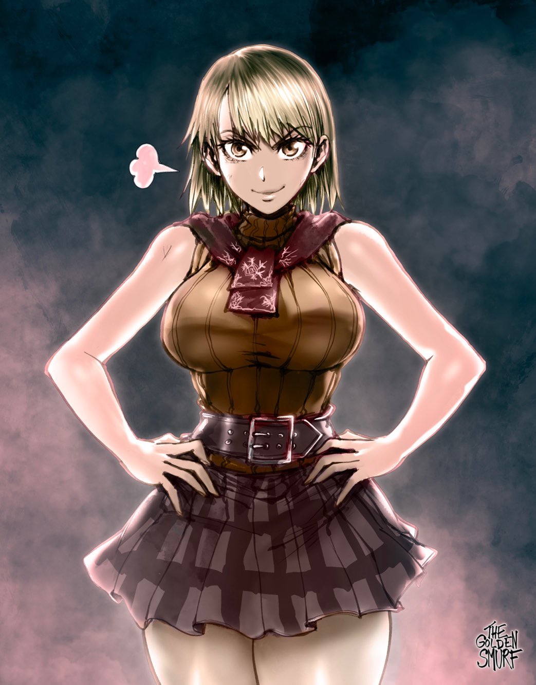 1girls, 2d, ashley graham, ashley graham (brooke elizabeth mathieson), big breasts, blonde hair, blonde-haired female, breasts, busty, capcom, color, female, female only, hands on hips, looking at viewer, resident evil, resident evil 4, skirt, smiling, smiling at viewer, solo, sweater, thegoldensmurf, thick thighs, waist belt, yellow eyes