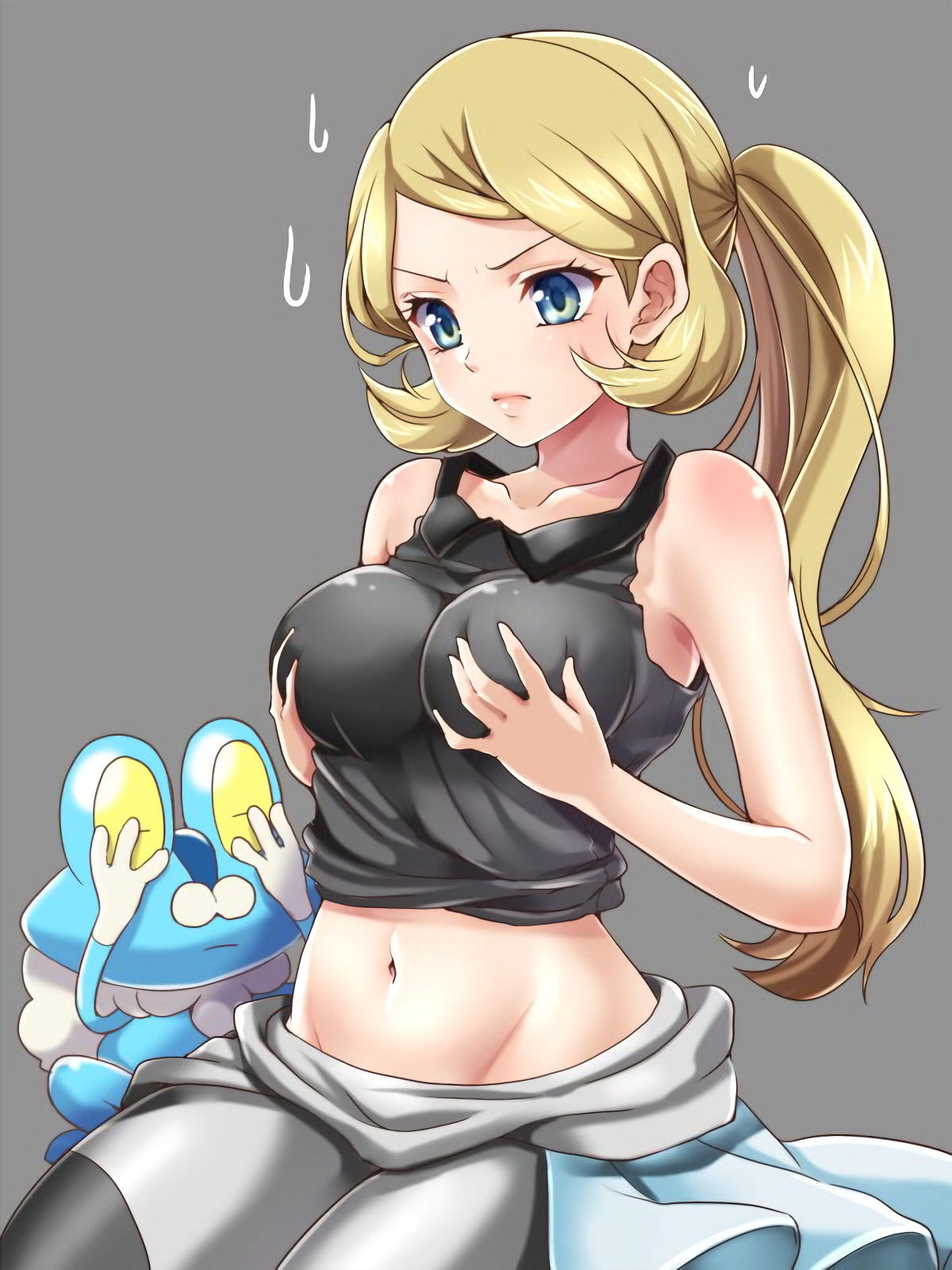 aged_down astrid_(pokemon) blonde_hair blue_eyes breasts cosplay female froakie highres keromatsu long_hair mokorei non-web_source pokemon pokemon_xy serena_(pokemon)_(cosplay) skirt