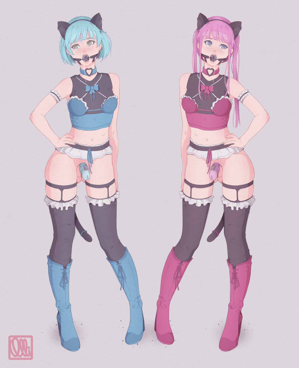 2boys, ball gag, blue hair, boots, cage, caged, caged cock, cat ears, cat tail, chastity, chastity cage, chastity device, clothed, clothing, cock cage, femboy, gag, leather, male, mostly clothed, olliolli30, penis, penis cage, pink chastity cage, pink hair, sissy, source request, tagme, trap