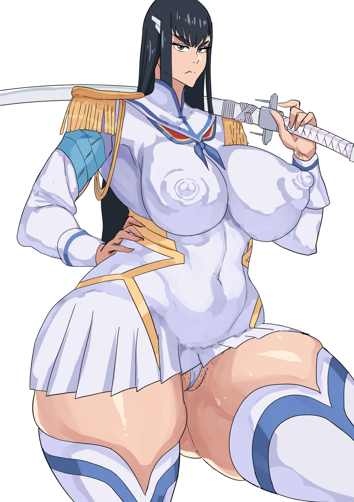 1girls, ass, big ass, big breasts, black hair, breasts, cyberboi, female, female only, junketsu, katana, kill la kill, kiryuuin satsuki, large ass, large breasts, long hair, nipple bulge, nipples visible through clothing, plump, pubic stubble, school uniform, short skirt, skin tight, skindentation, studio trigger, sword, thick thighs, venus body, weapon, white background, wide hips