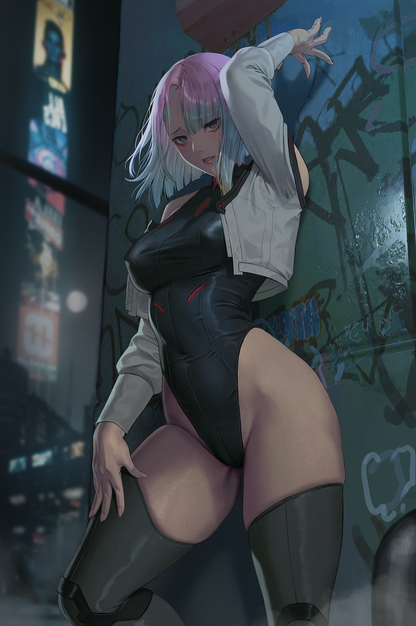 1girls, against wall, alley, arm up, bangs, black leotard, black thighhighs, blue eyes, breasts, cameltoe, cd projekt red, covered erect nipples, covered navel, cropped jacket, cyberpunk 2077, cyberpunk: edgerunners, female, female only, graffiti, hand on own thigh, highres, janggun, jeneral, leotard, looking at viewer, lucyna kushinada, medium breasts, multicolored hair, night, parted lips, pussy, short hair, solo, standing, studio trigger, thighhighs, thighs