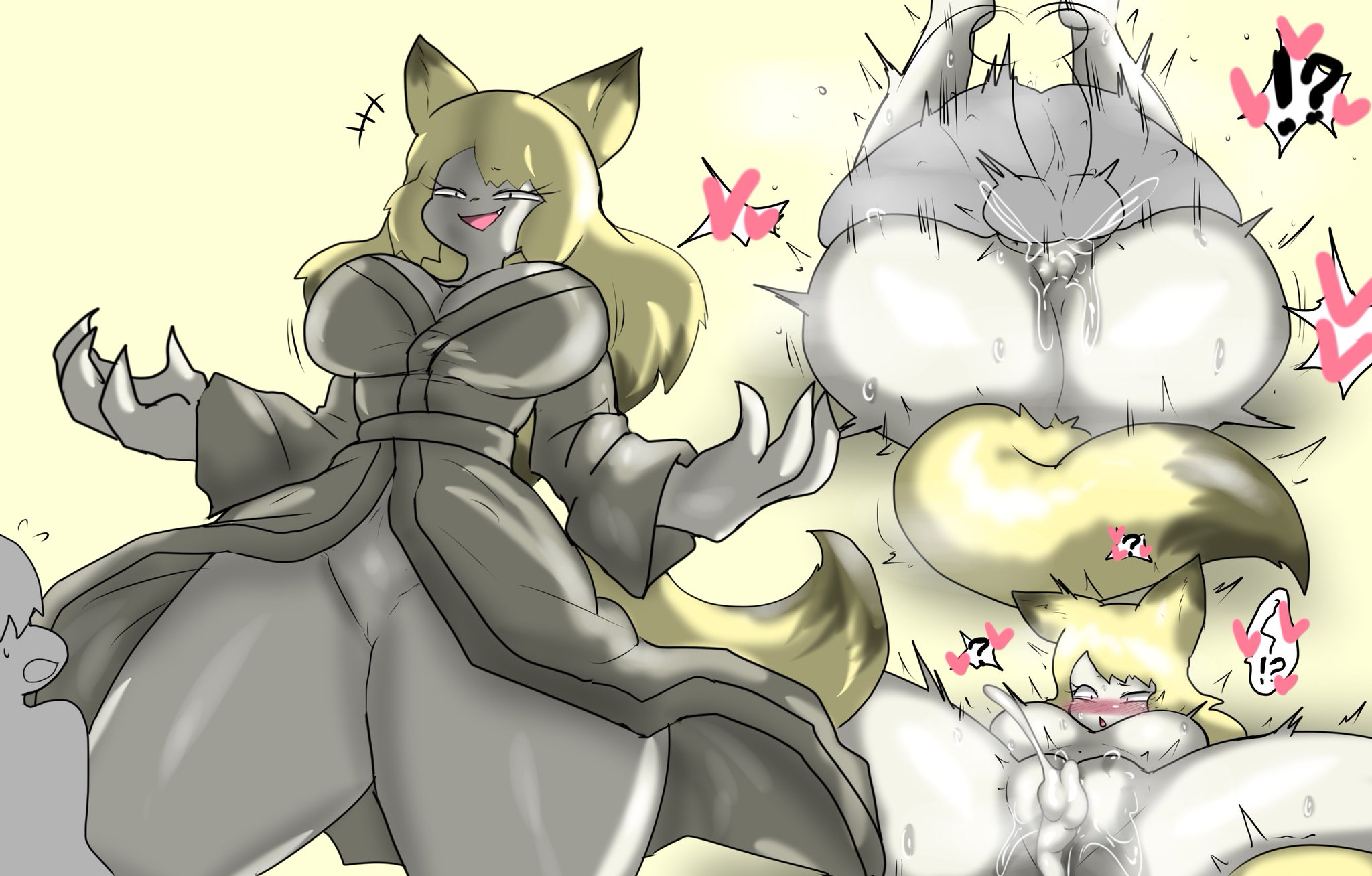 1boy, 1girls, animal ears, animal tail, anthro, anthro penetrated, big breasts, bigger female, breasts, confused, cum, cum in pussy, cum inside, enigi09, exposed pussy, female, female penetrated, fox, fox girl, heart, male, mating press, original, original character, pussy, pussy juice, revealing clothes, sex, smaller male, yokai, youkai