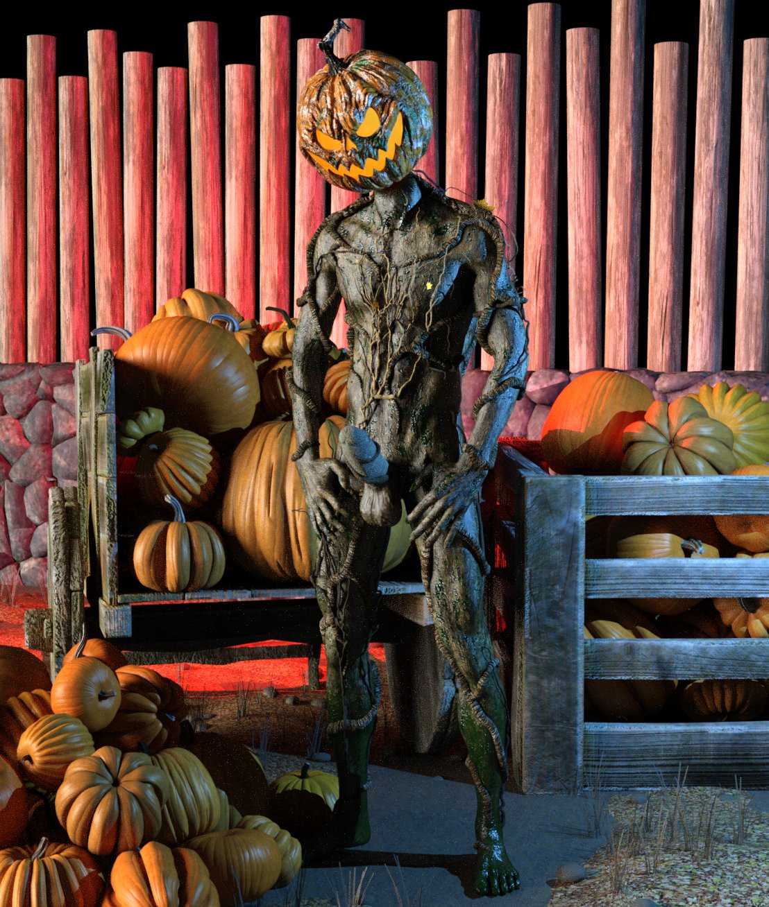 2022 3d_(artwork) athletic athletic_male balls digital_media_(artwork) dirty_feet erection fence food foreskin fruit genitals grey_body grey_skin grin halloween hi_res holidays humanoid humanoid_genitalia jack-o'-lantern looking_at_viewer male navel nude outside penis plant pumpkin pumpkin_head retracted_foreskin smile ugnaughtsden undead vines wagon zombie