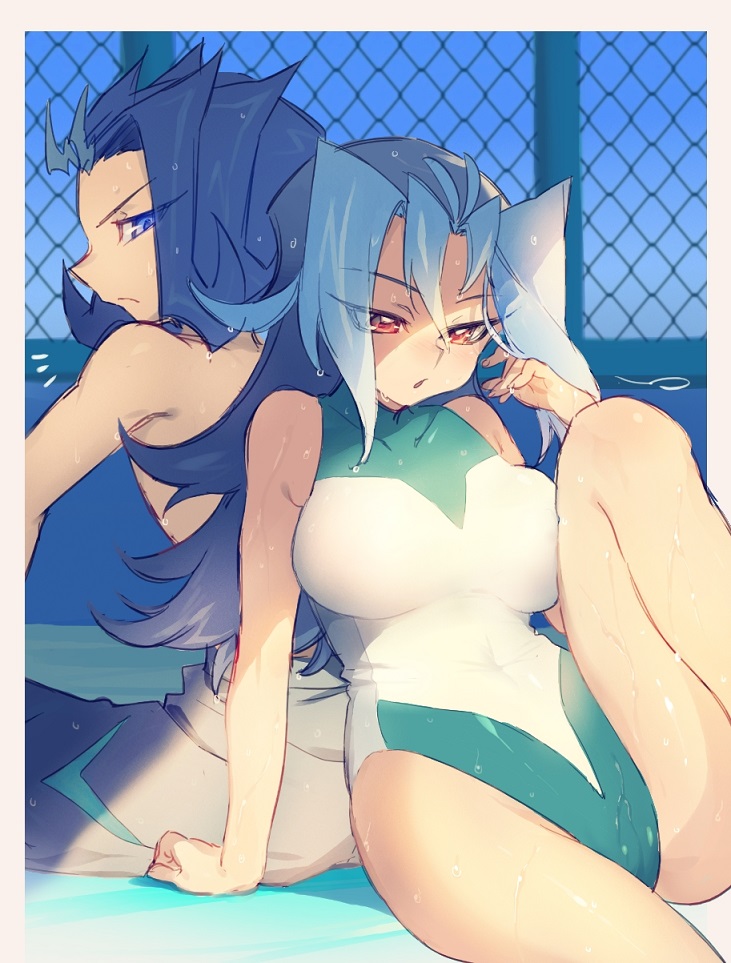 blue_hair blush dntks female huge_breasts kamishiro_rio red_eyes rio_kamishiro ryoga_kamishiro swimsuit yu-gi-oh! yu-gi-oh!_duel_links yu-gi-oh!_zexal