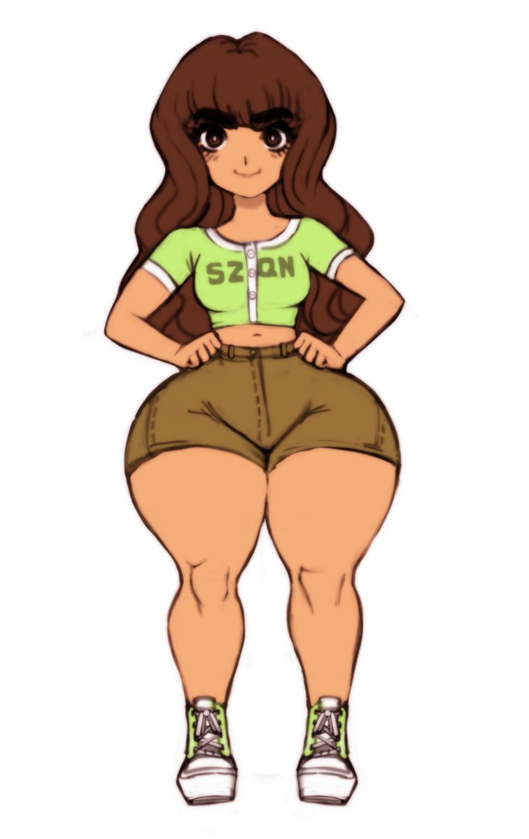 1girls belly_button carmen_and_kelsie carmen_marvello chibi cute dark-skinned_female hands_on_hips jay-marvel long_hair looking_at_viewer original_character pear_shaped_female shoes simple_background sneakers source_request thick_thighs voluptuous voluptuous_female wide_hips