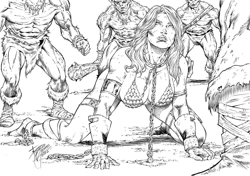 1girls 4boys chained defeated defeated_heroine doomed_heroine enslaved femsub imminent_rape imminent_torture male maledom metal_bikini monochrome no_escape orc orcs red_sonja ronaldo_mendes slave