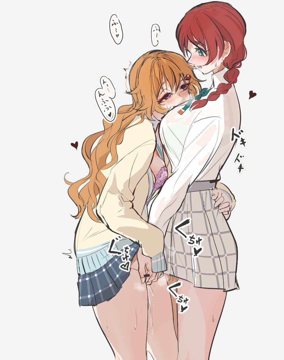 bar censor, blush, bra, braid, breasts, brown hair, censored, emma verde, female, female only, fingering, freckles, green eyes, hair ornament, hairclip, happy, heart, highres, hug, konoe kanata, large breasts, long hair, looking at another, love live!, love live! nijigasaki high school idol club, monowe, multiple females, multiple girls, purple bra, purple eyes, school uniform, speech bubble, sweat, twin braids, underwear, yuri
