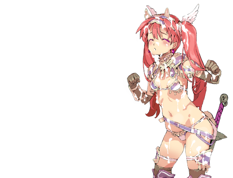 1girls bikini bikini_armor_explorers covered_in_cum cum cute petite red_hair small_breasts standing stockings transparent_background