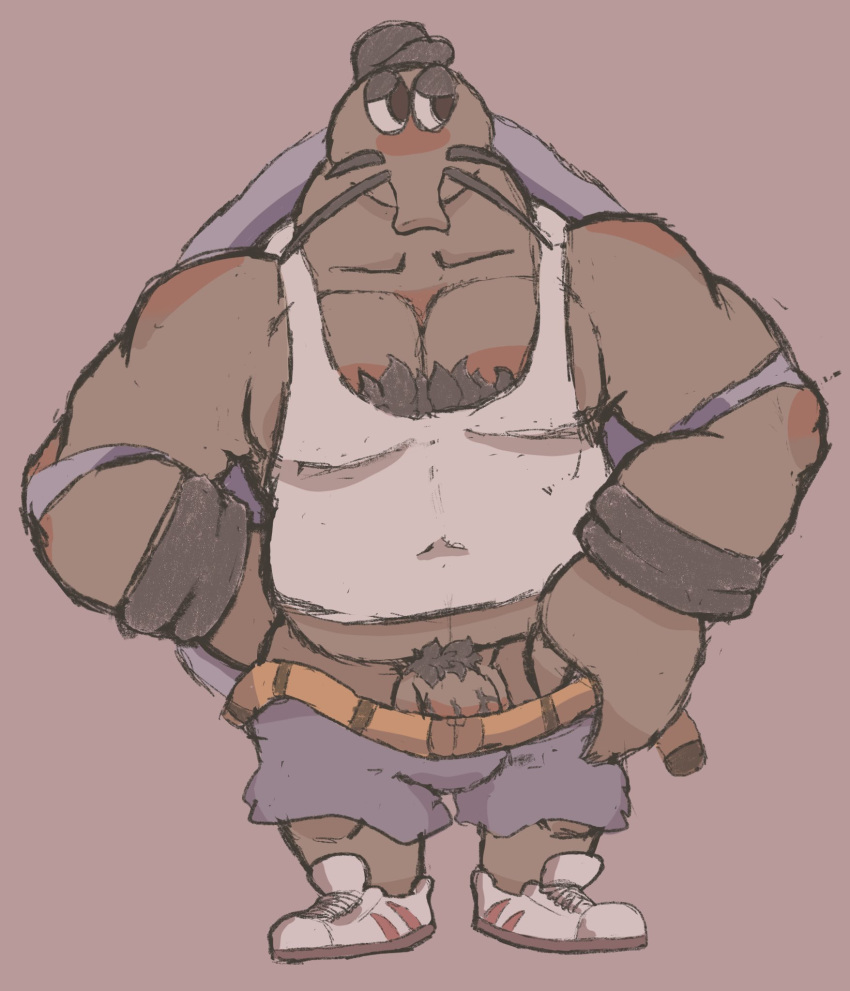 anthro armwear arthropod balls barely_visible_genitalia blush body_hair bottomwear brown_body chest_hair clothing coconut_crab crustacean footwear genitals hat headgear headwear malacostracan male marine mr._coco_(splatoon) musclegut muscular muscular_anthro muscular_male paguroid pecs penis pubes schoal shirt shoes shorts sneakers solo tank_top topwear